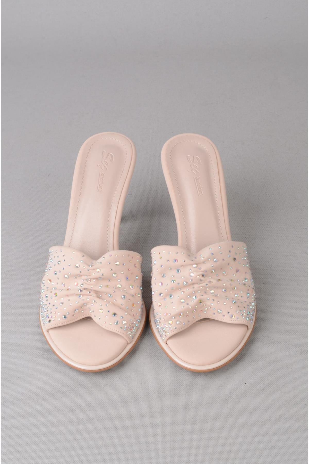 SEÇ S65 TAŞLI TOPUKLU KADIN TERLİK (Topuk Boyu: 9cm) BEJ
