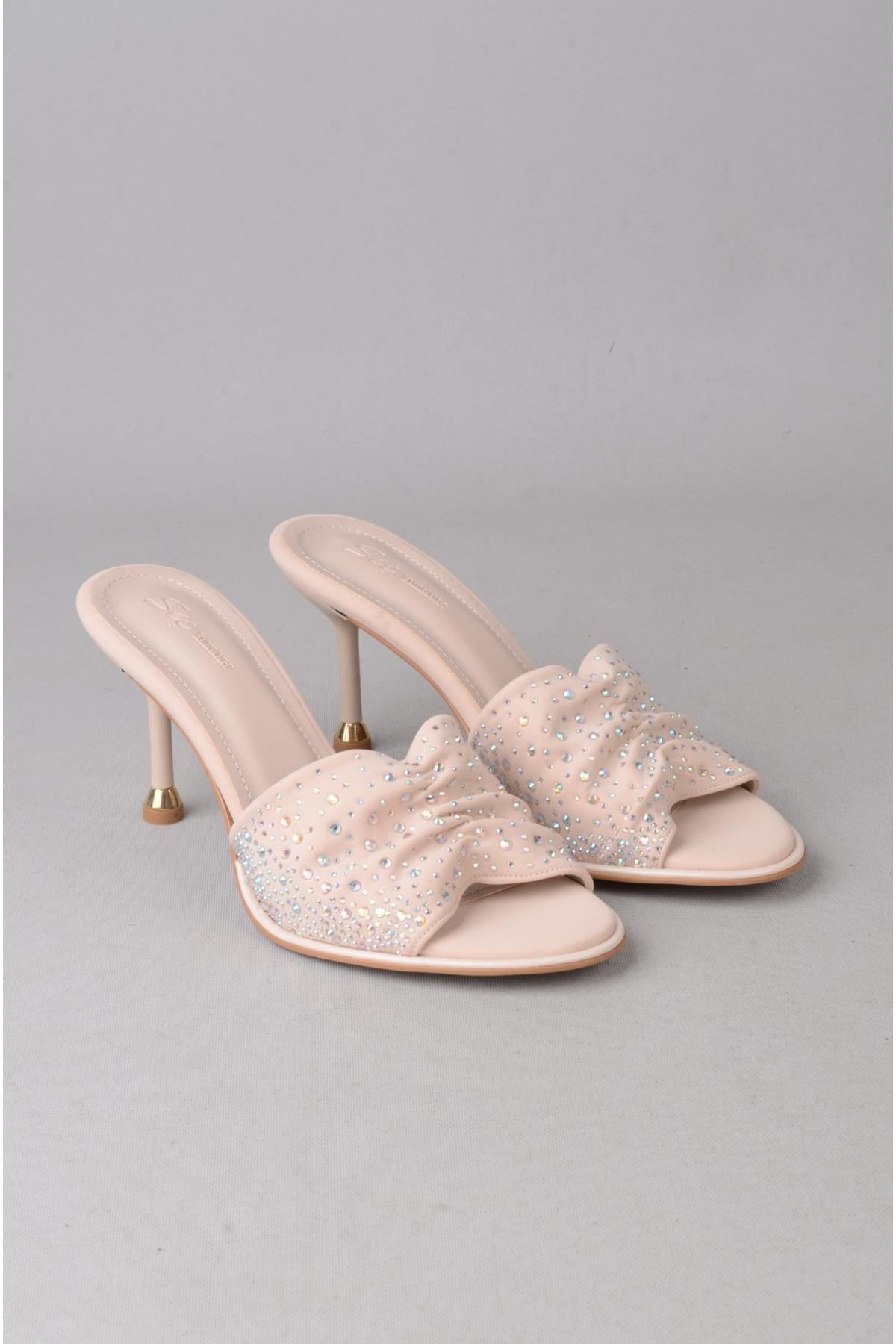 SEÇ S65 TAŞLI TOPUKLU KADIN TERLİK (Topuk Boyu: 9cm) BEJ