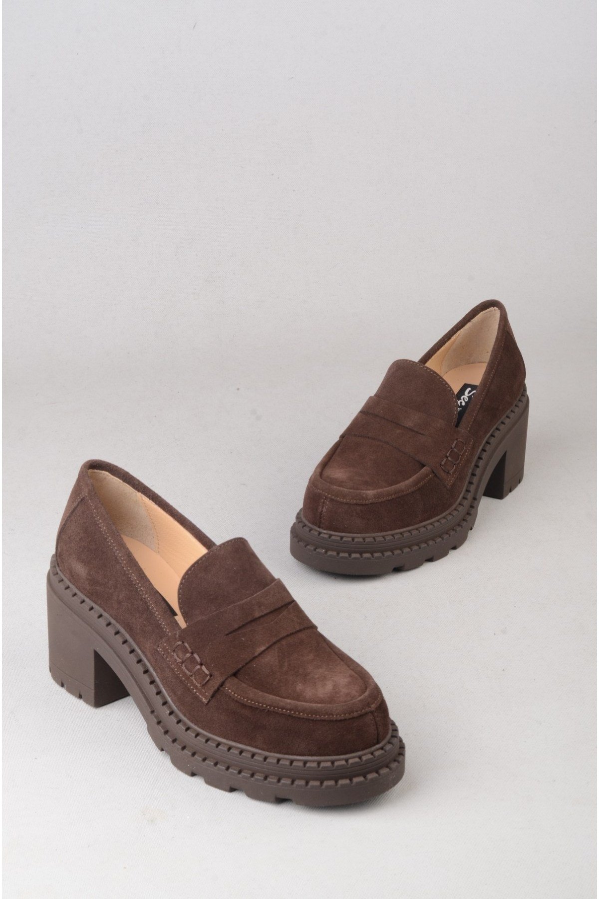 SEÇ V2752 HAKİKİ DERİ KADIN TOPUKLU LOAFER (Topuk Boyu:7 cm) KAHVE SÜET