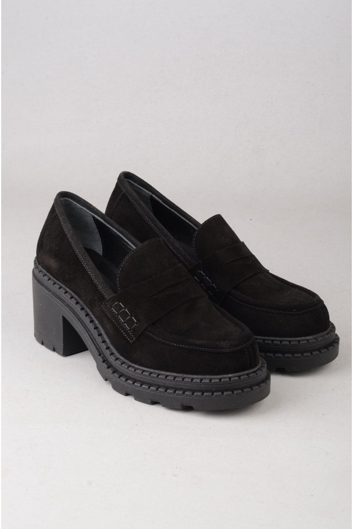 SEÇ V2752 HAKİKİ DERİ KADIN TOPUKLU LOAFER (Topuk Boyu:7 cm) SİYAH SÜET