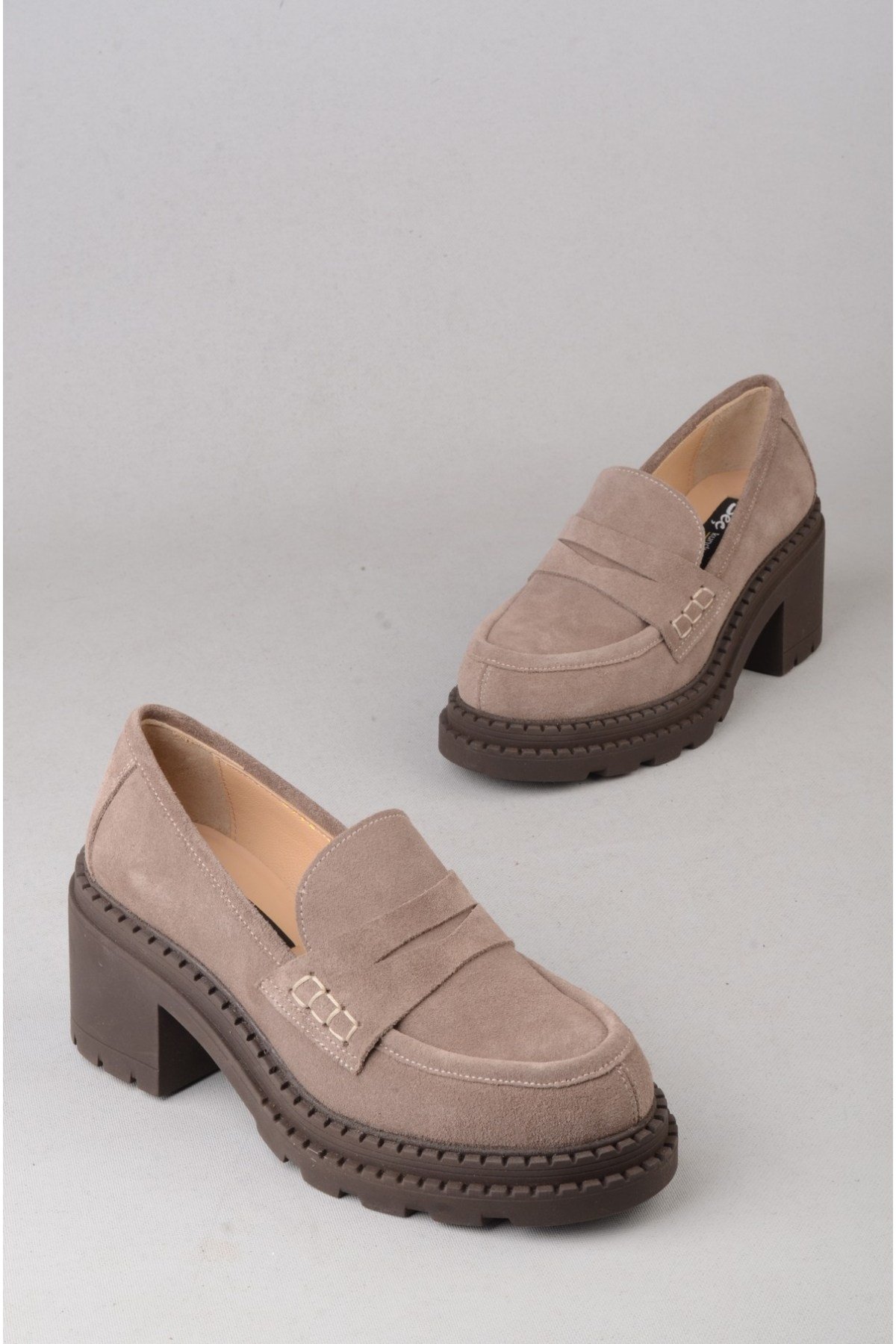 SEÇ V2752 HAKİKİ DERİ KADIN TOPUKLU LOAFER (Topuk Boyu:7 cm) VİZON SÜET
