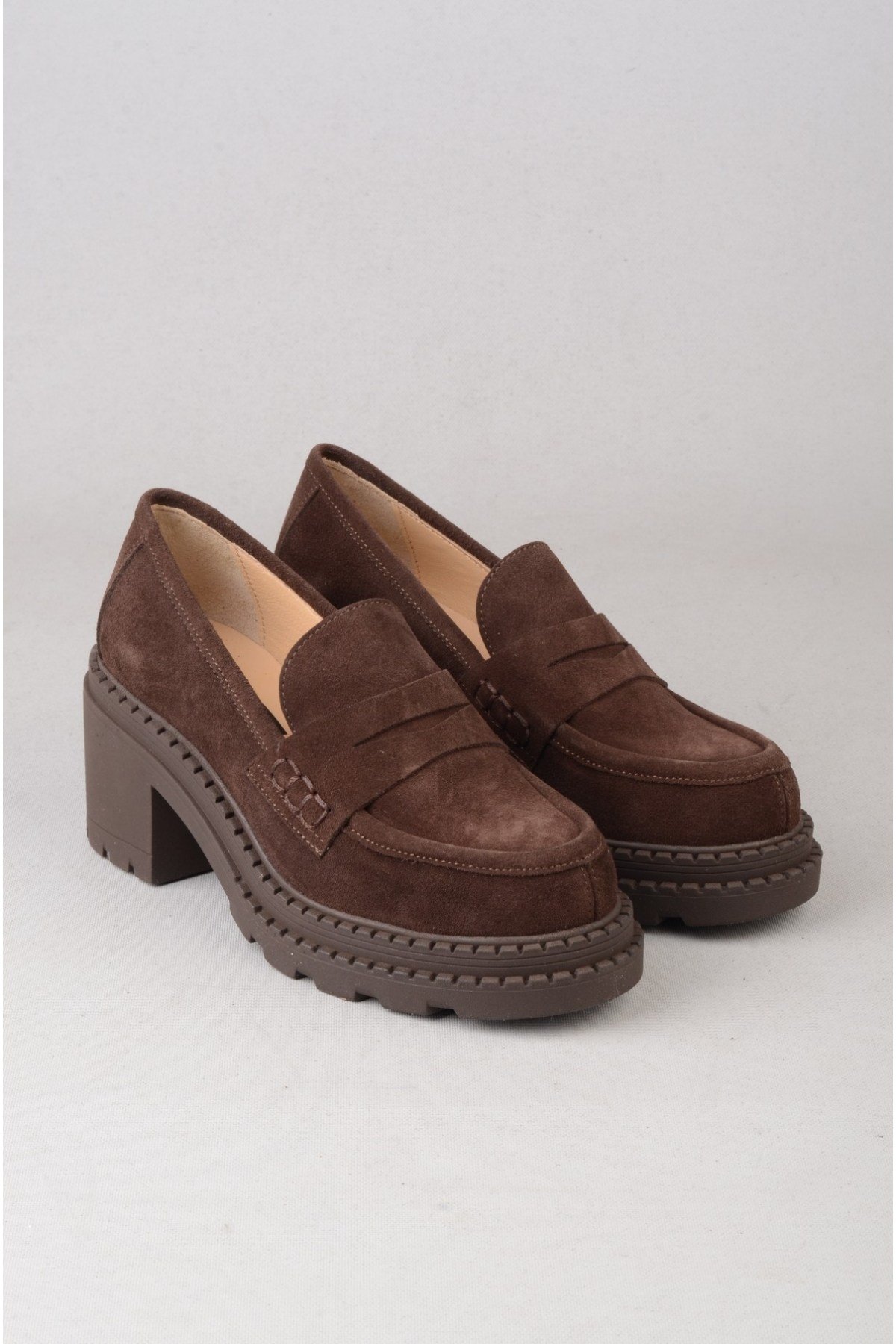 SEÇ V2752 HAKİKİ DERİ KADIN TOPUKLU LOAFER (Topuk Boyu:7 cm) KAHVE SÜET