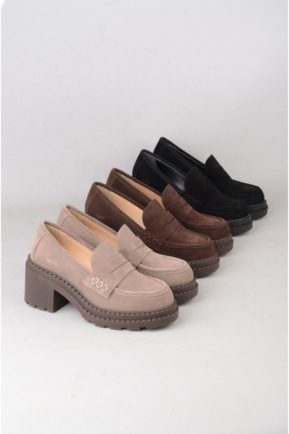 SEÇ V2752 HAKİKİ DERİ KADIN TOPUKLU LOAFER (Topuk Boyu:7 cm) KAHVE SÜET