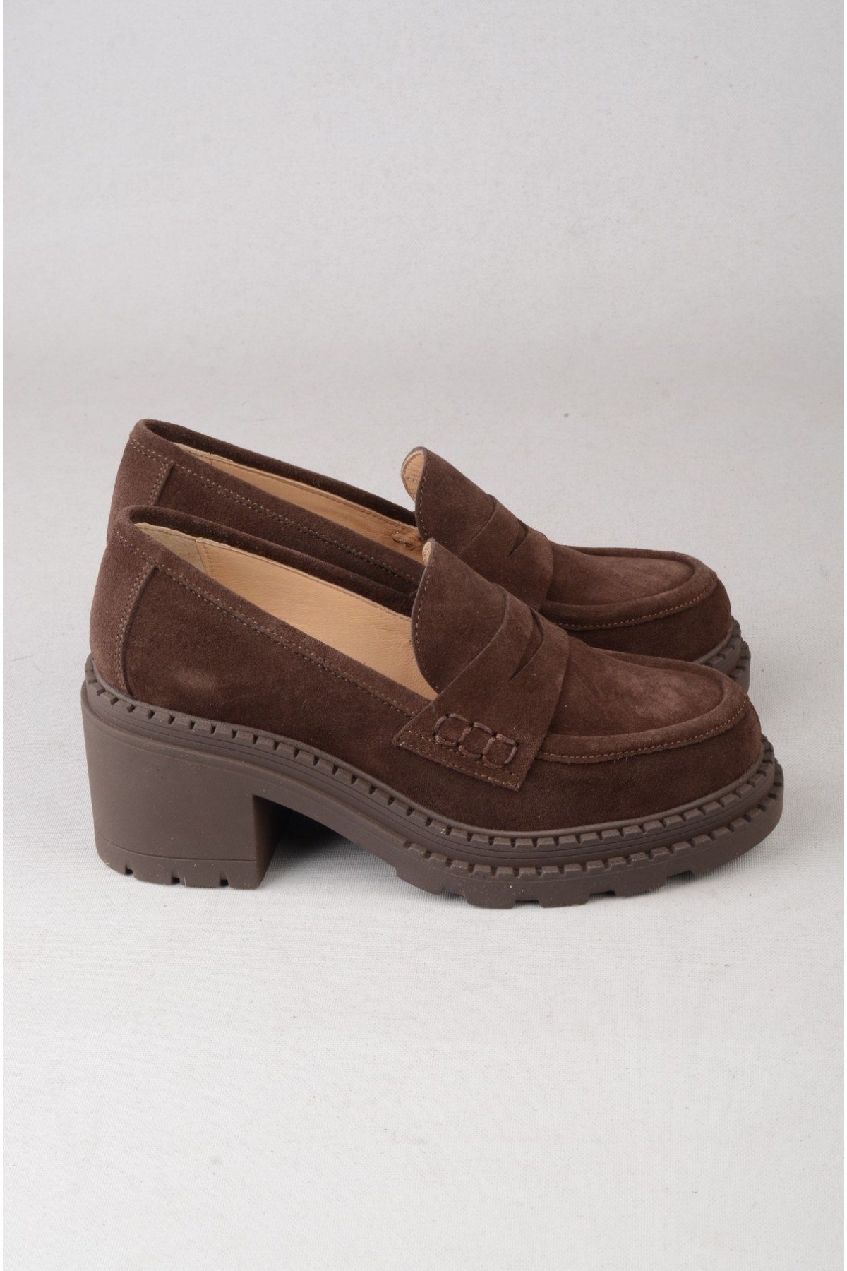 SEÇ V2752 HAKİKİ DERİ KADIN TOPUKLU LOAFER (Topuk Boyu:7 cm) KAHVE SÜET