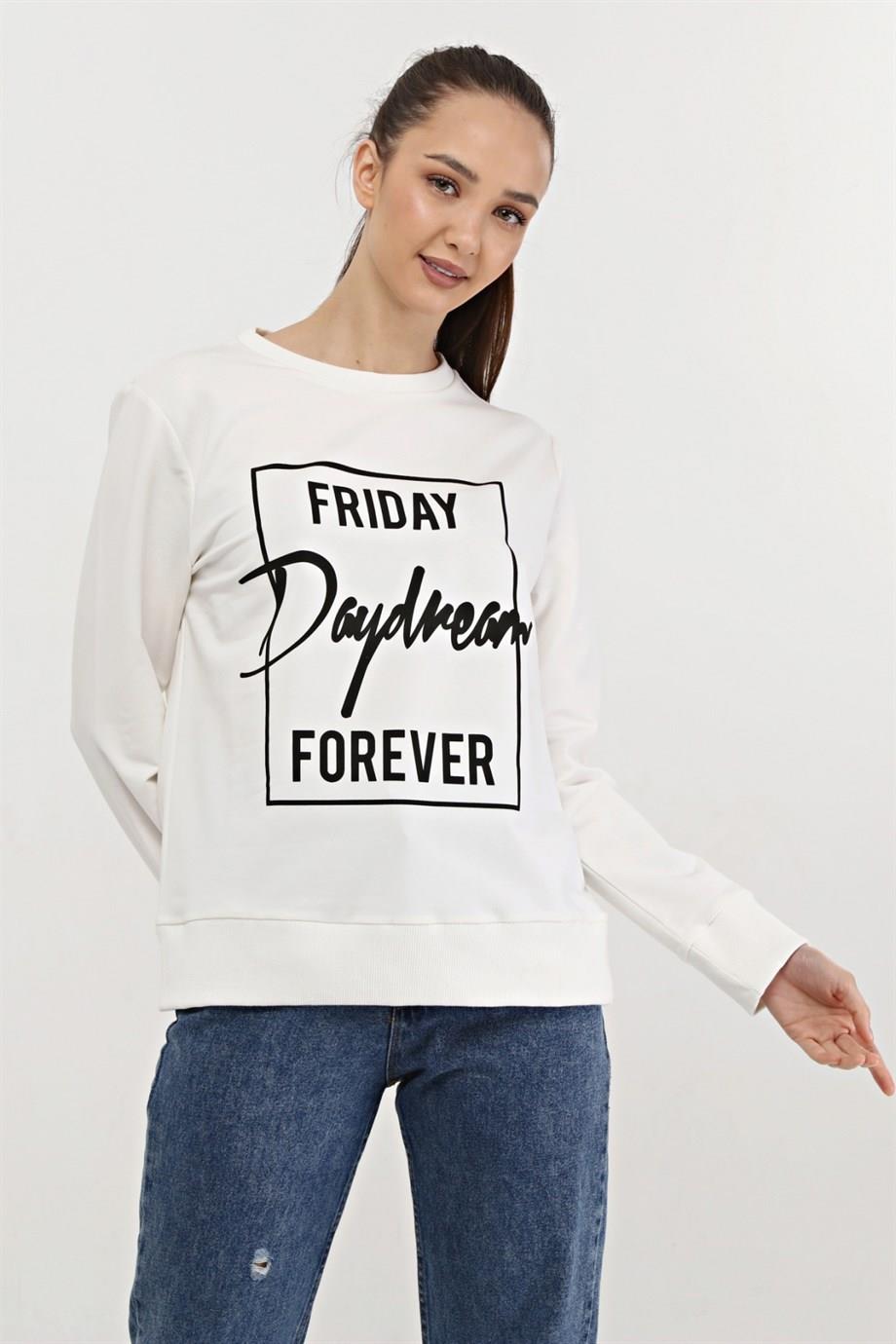 Ekru Baskılı Sweatshirt