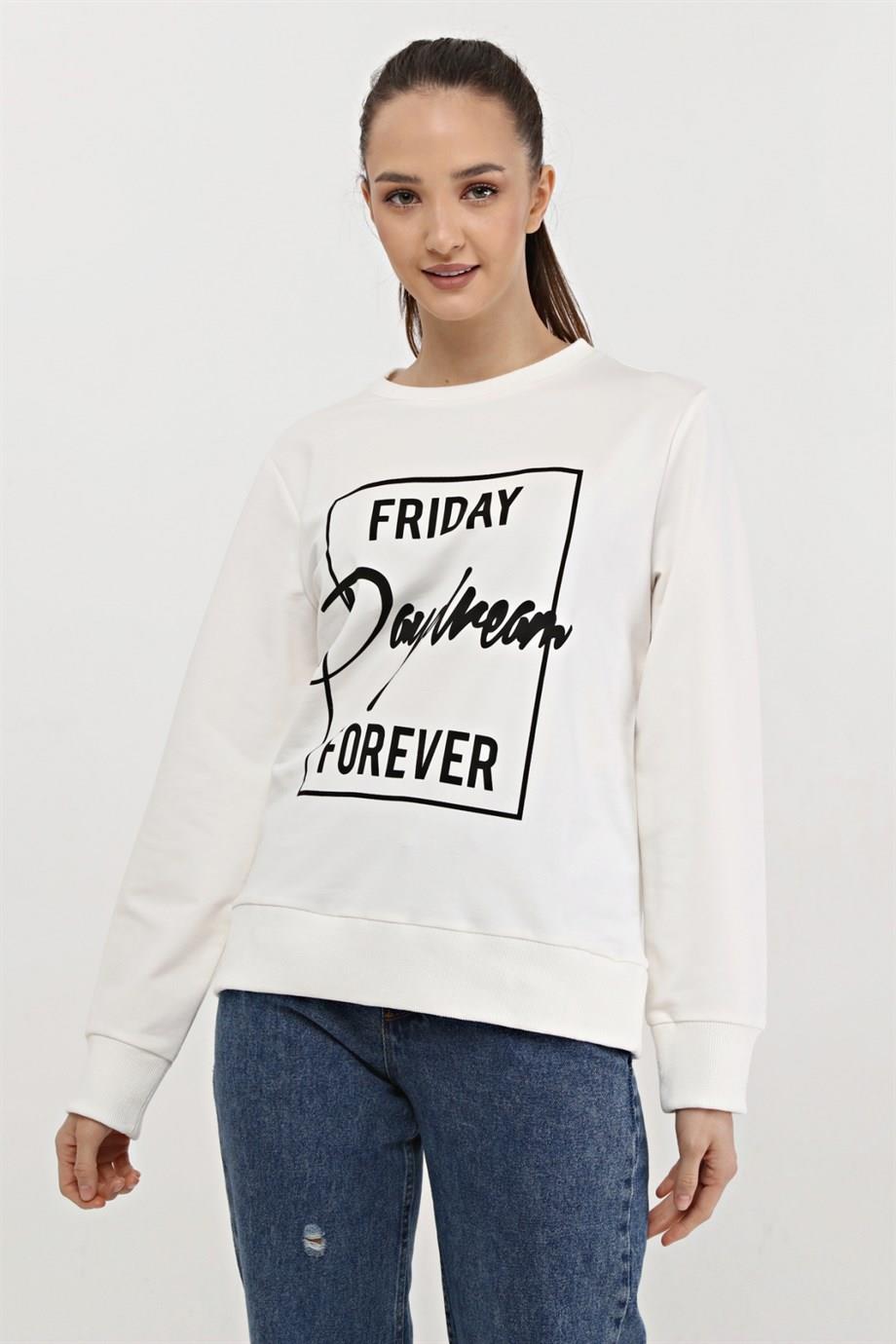 Ekru Baskılı Sweatshirt