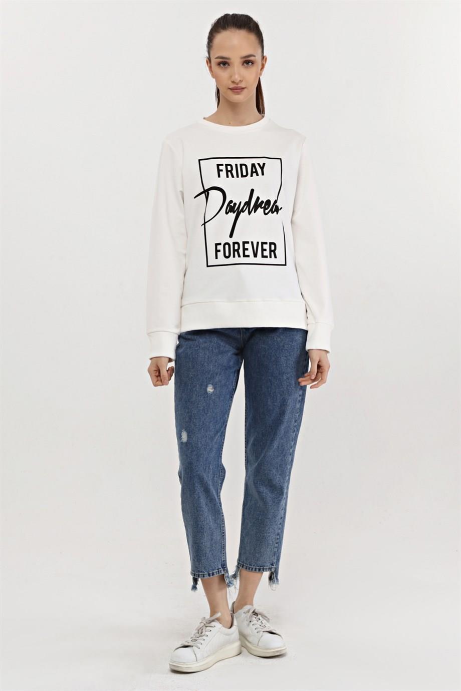 Ekru Baskılı Sweatshirt