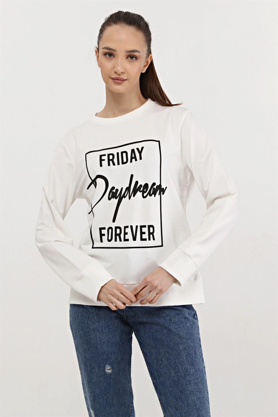 Ekru Baskılı Sweatshirt