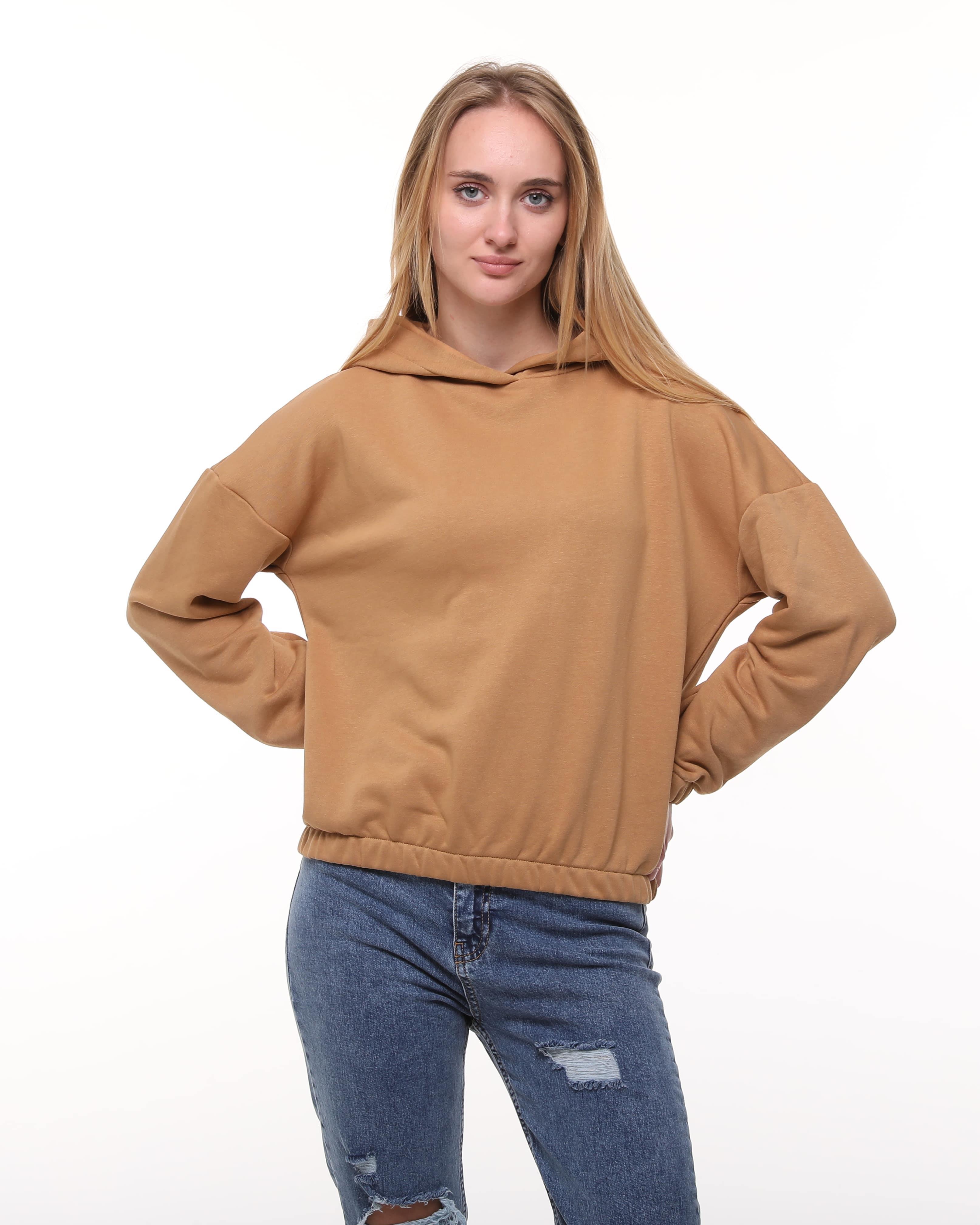 Kadın Camel Renk Kapüşonlu Sweatshirt