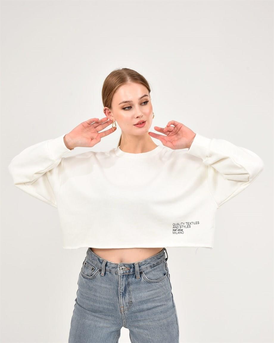 Kadın Ekru Renk Baskılı Sweatshirt