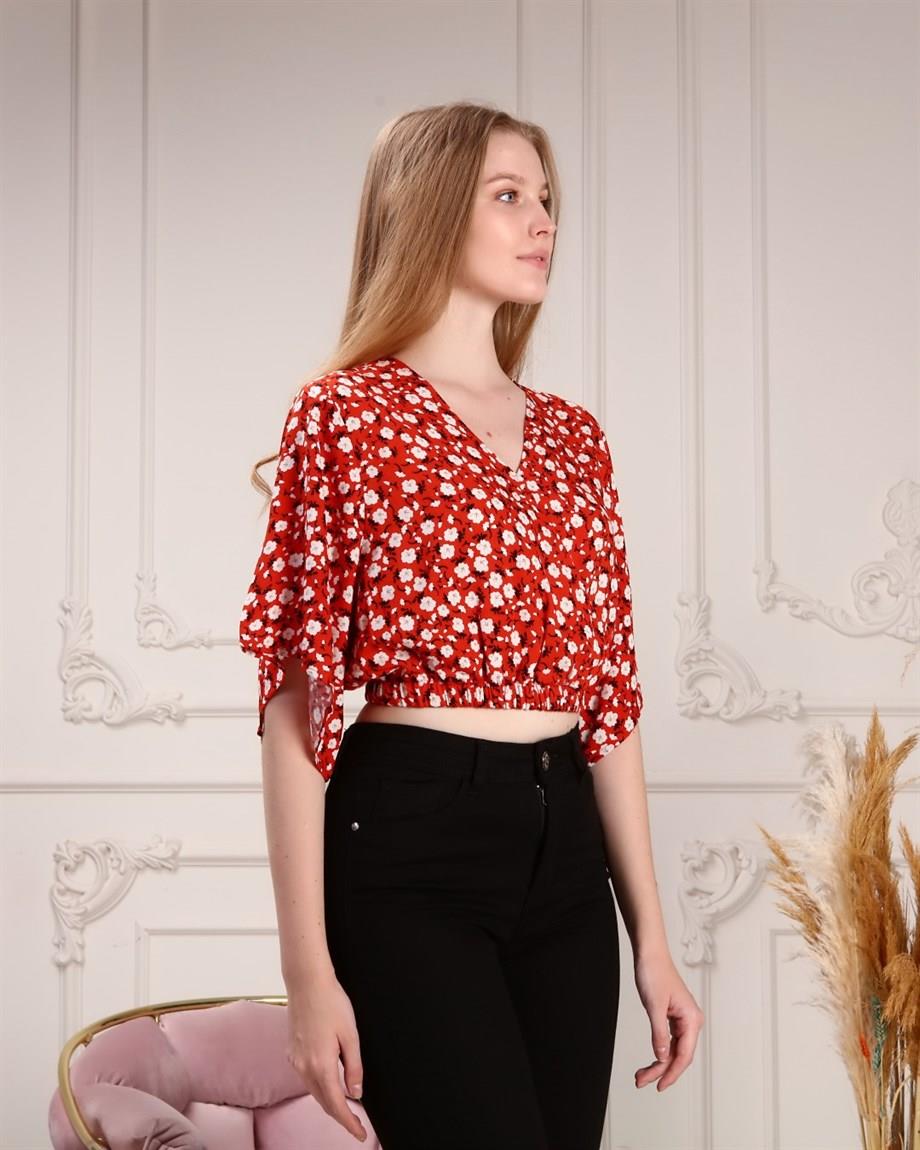 Kiremit Rengi Çiçek Desenli Kruvaze Crop Bluz