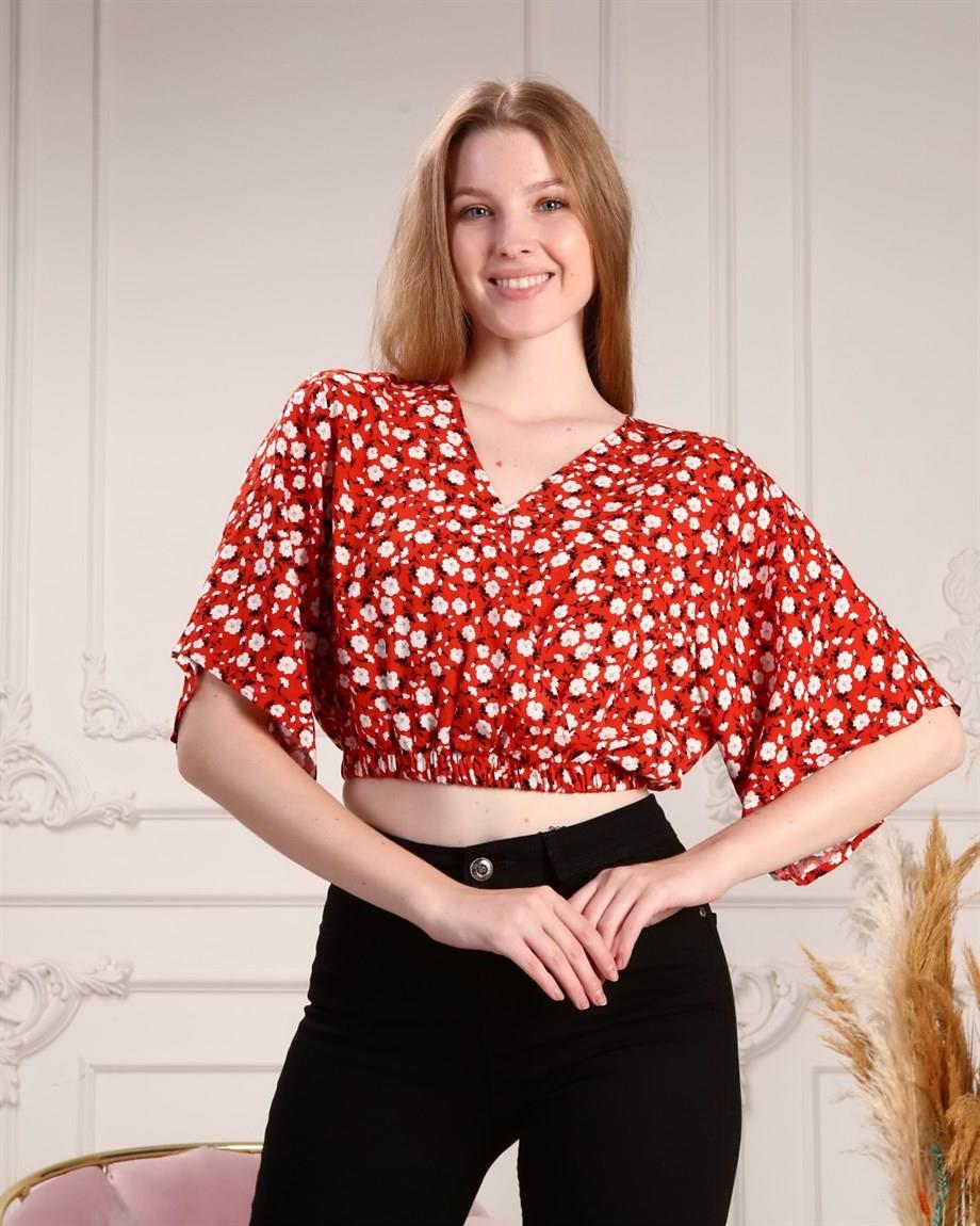 Kiremit Rengi Çiçek Desenli Kruvaze Crop Bluz