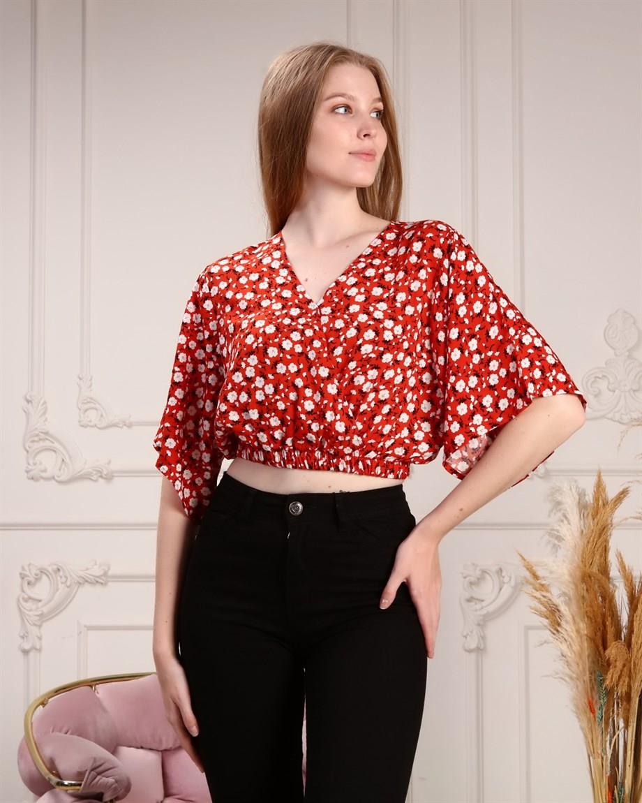 Kiremit Rengi Çiçek Desenli Kruvaze Crop Bluz