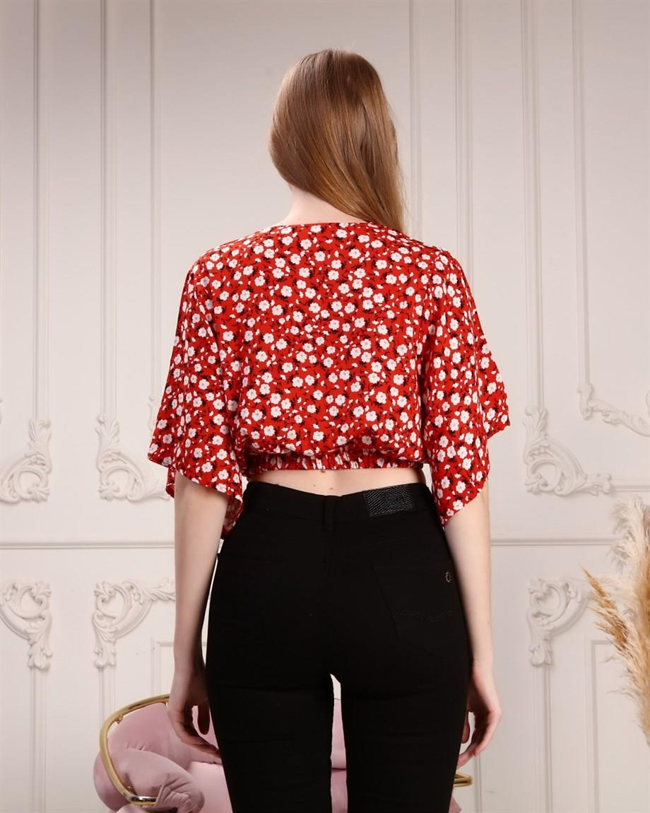 Kiremit Rengi Çiçek Desenli Kruvaze Crop Bluz