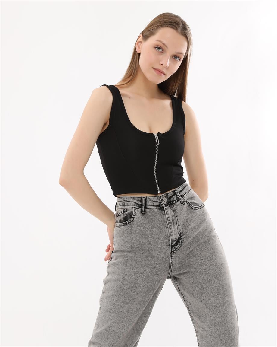 Siyah Fermuarlı Crop