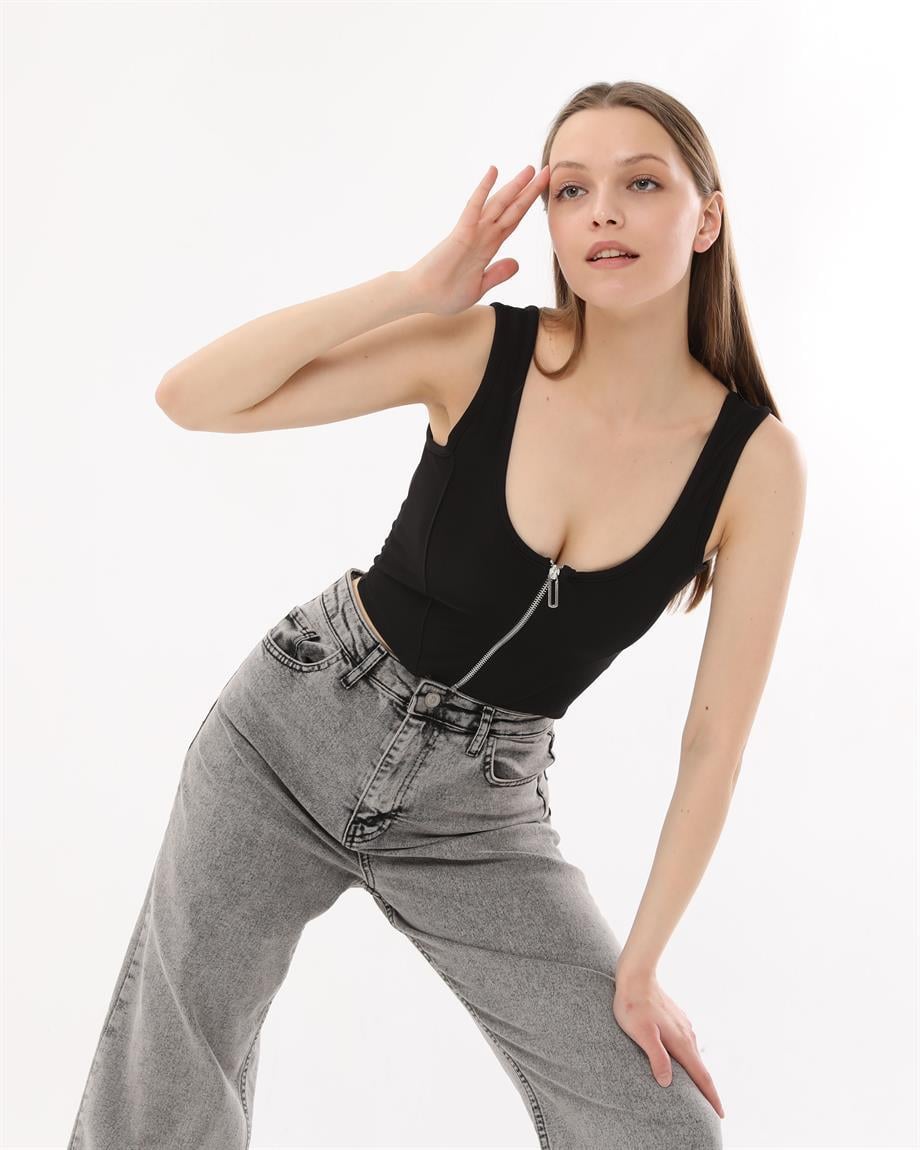 Siyah Fermuarlı Crop
