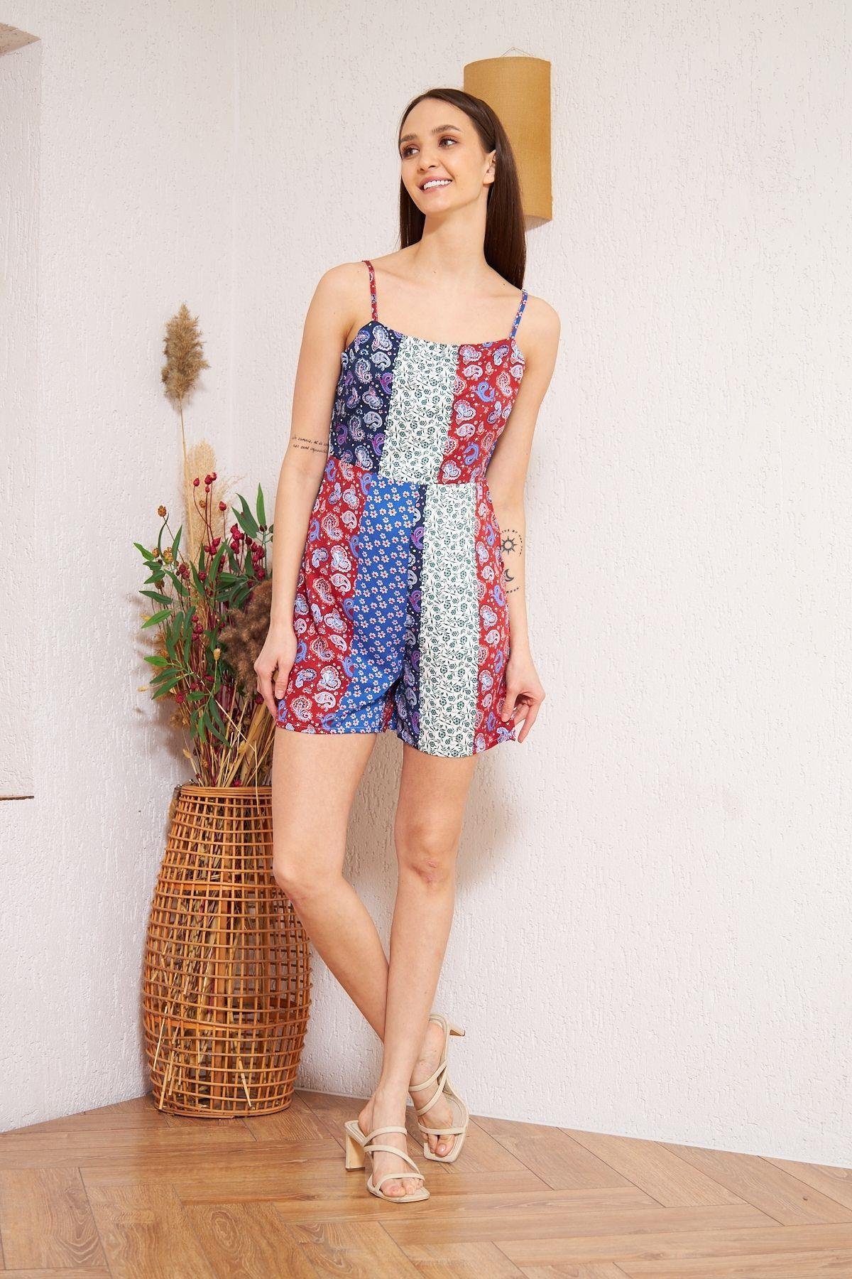 Bordo Desenli Patchwork Şort Tulum DM4003