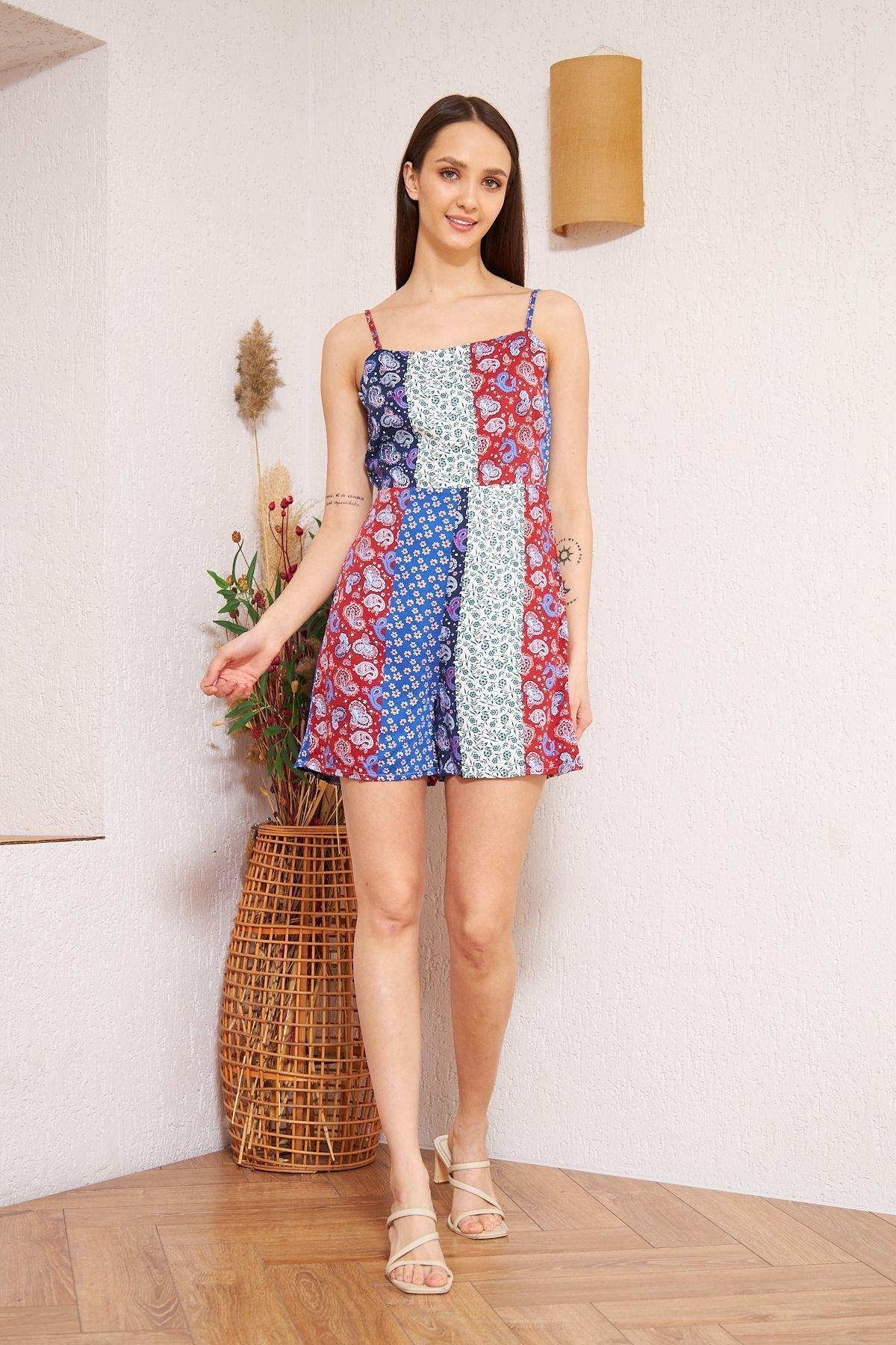 Bordo Desenli Patchwork Şort Tulum DM4003