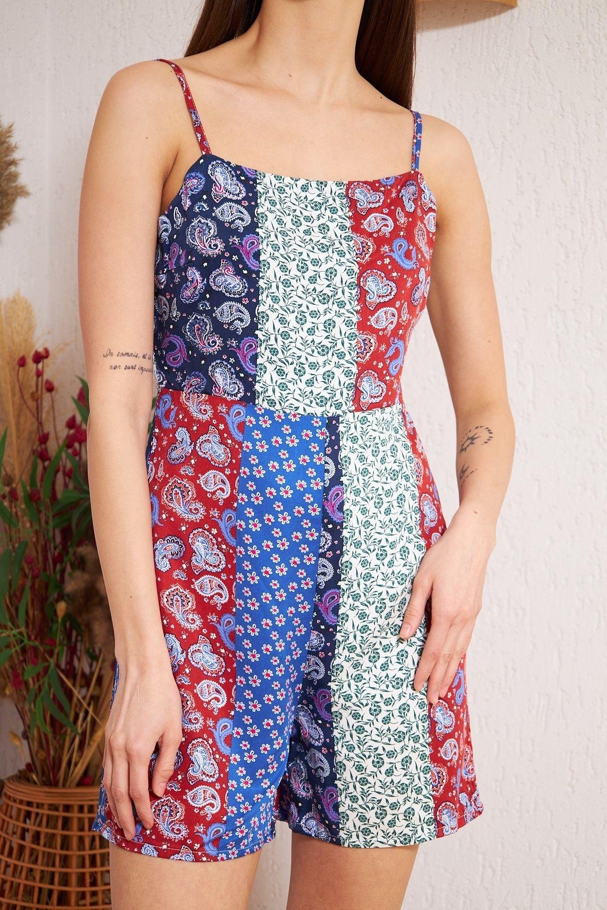 Bordo Desenli Patchwork Şort Tulum DM4003