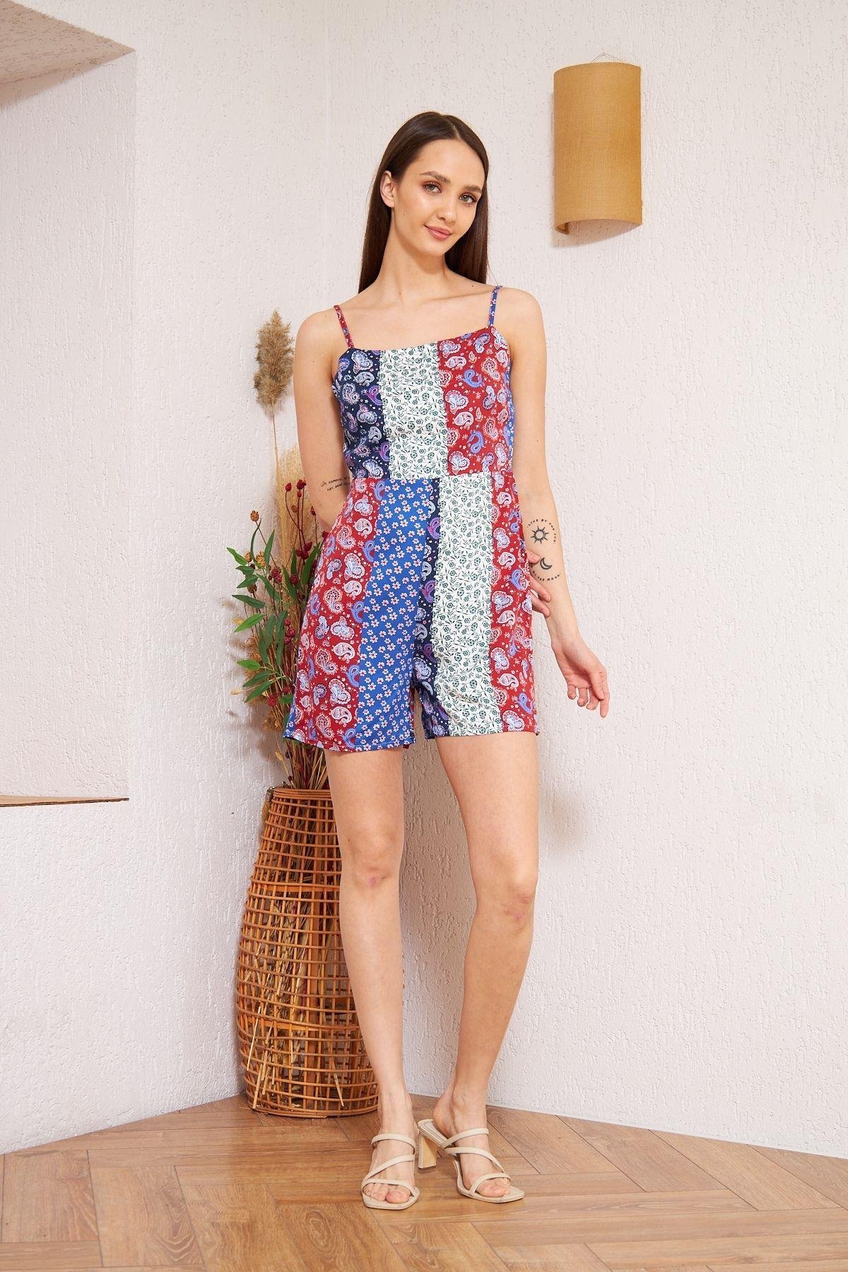 Bordo Desenli Patchwork Şort Tulum DM4003