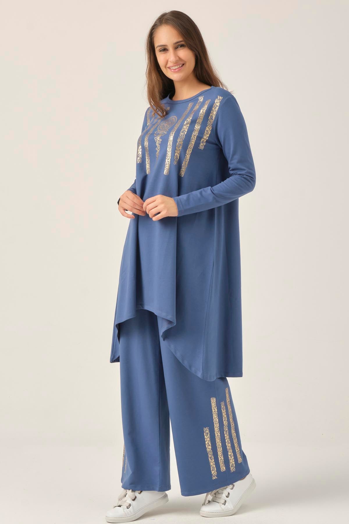 İndigo Baskılı Tunik Pantolon İkili Takım DM863