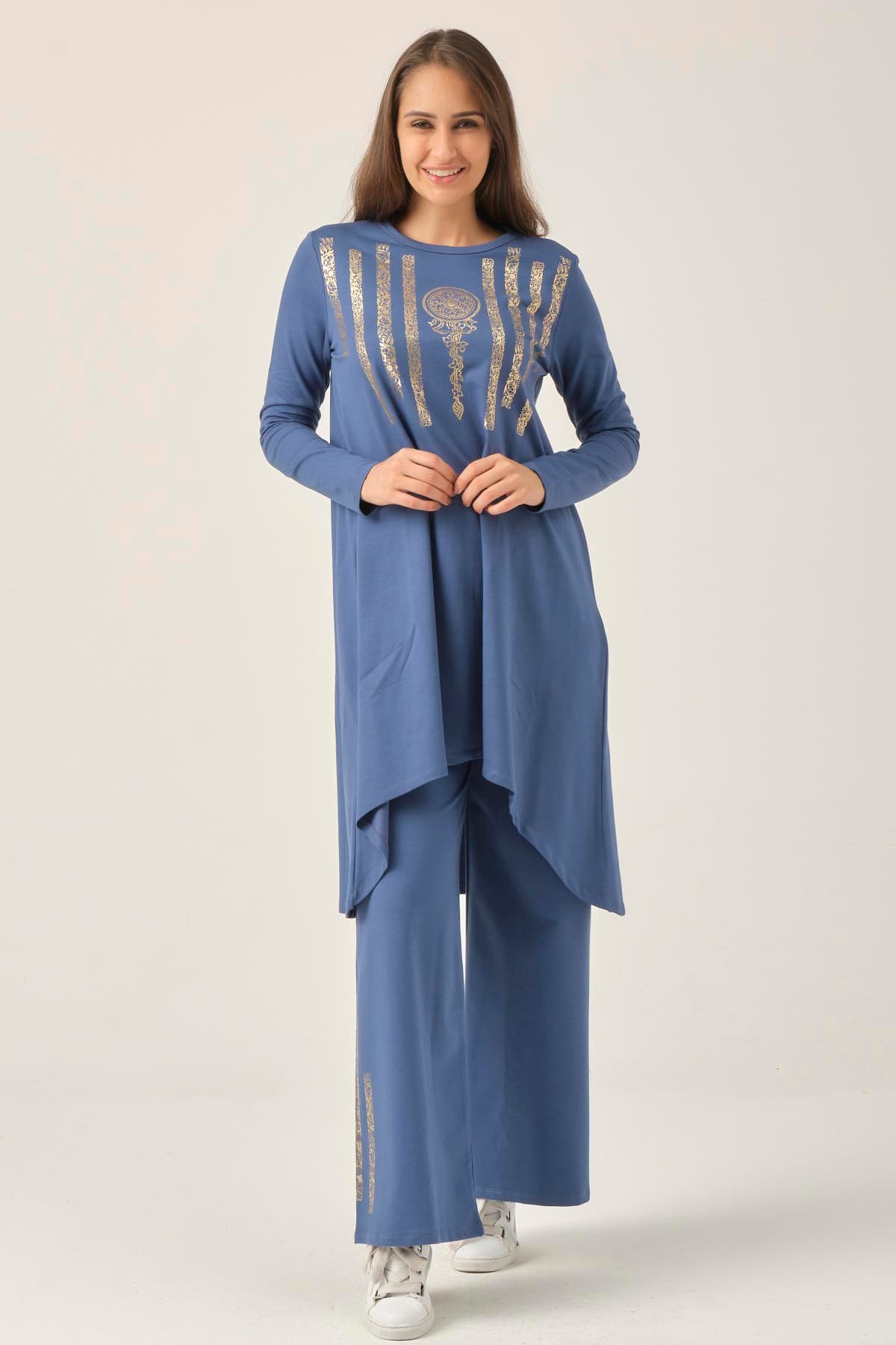 İndigo Baskılı Tunik Pantolon İkili Takım DM863