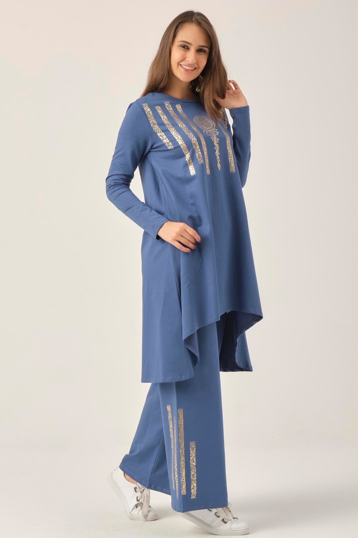 İndigo Baskılı Tunik Pantolon İkili Takım DM863