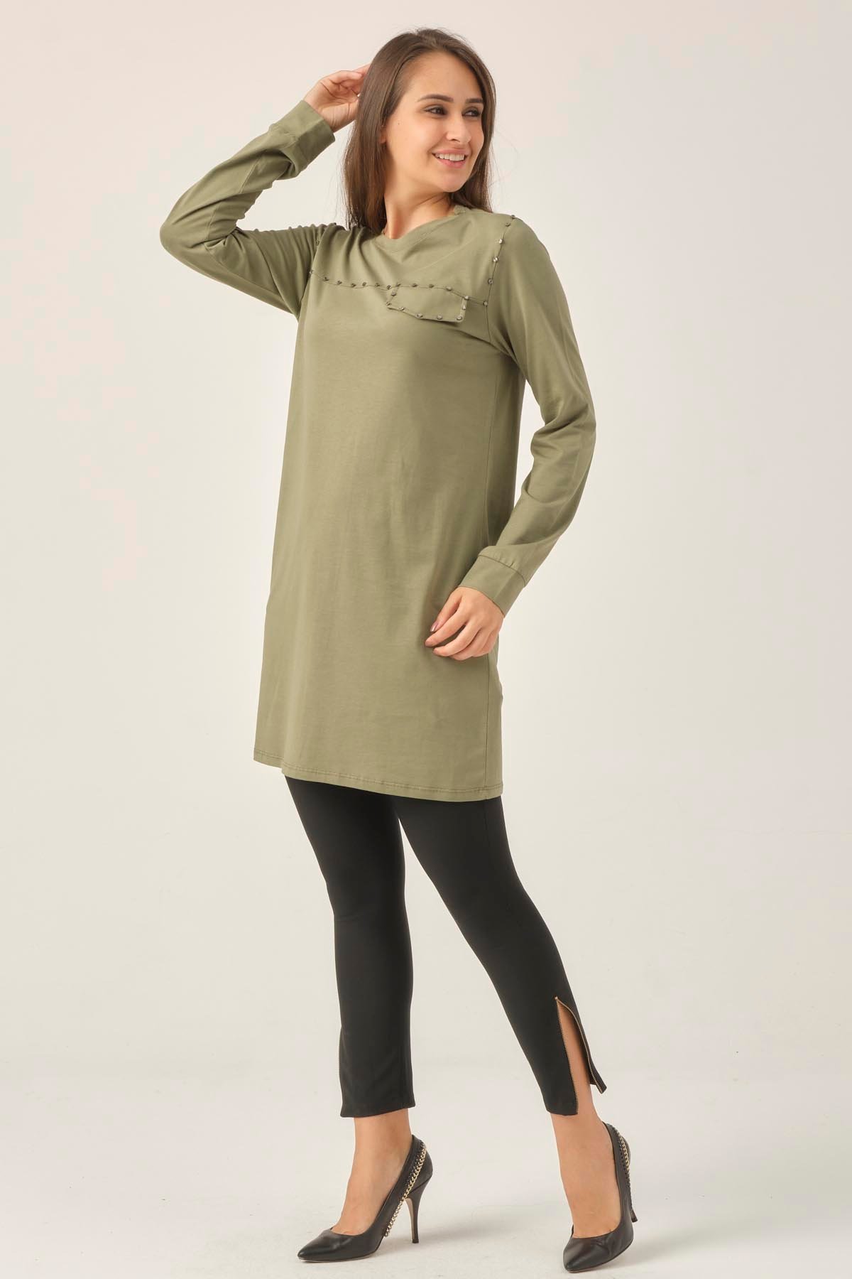 Soft Haki Taşlı Sıfır Yaka Tunik DM230