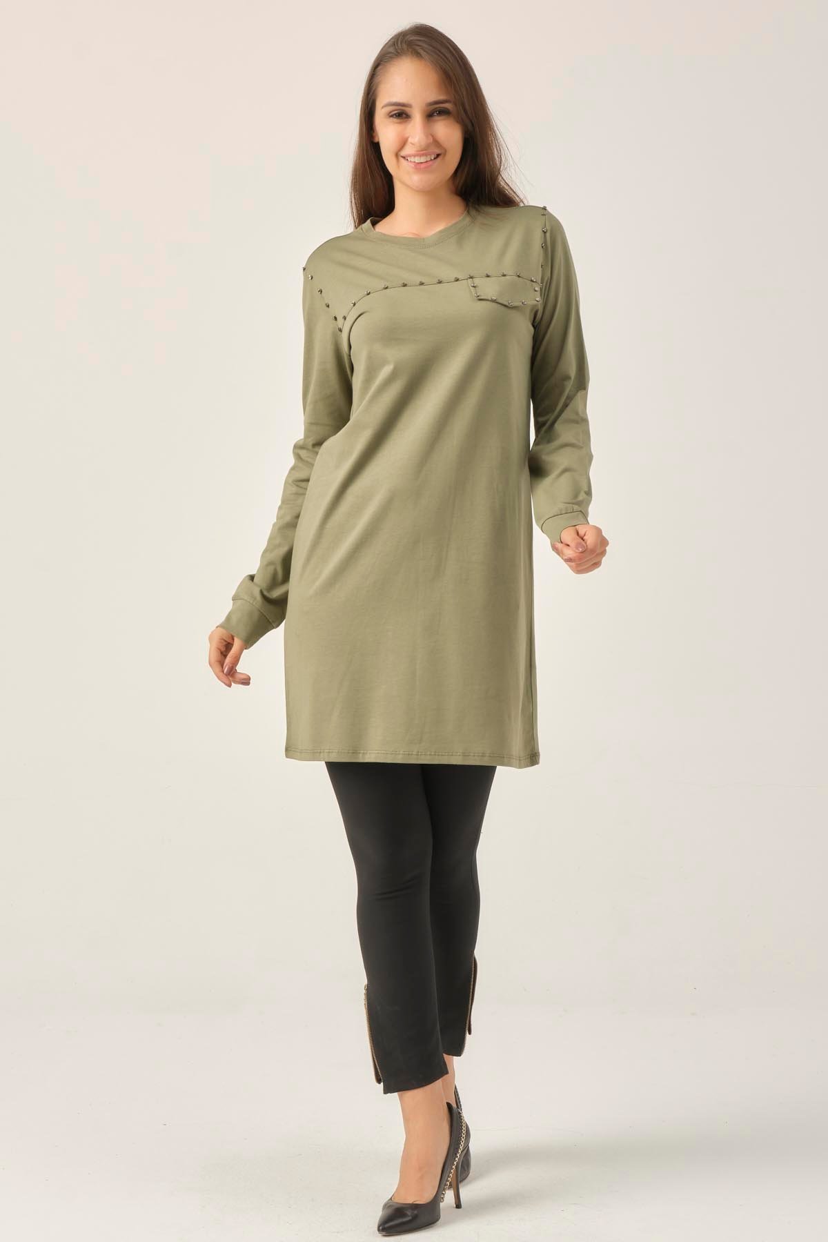 Soft Haki Taşlı Sıfır Yaka Tunik DM230