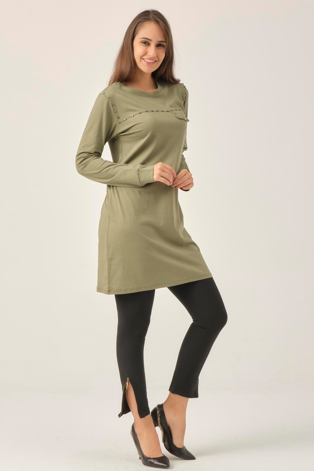 Soft Haki Taşlı Sıfır Yaka Tunik DM230