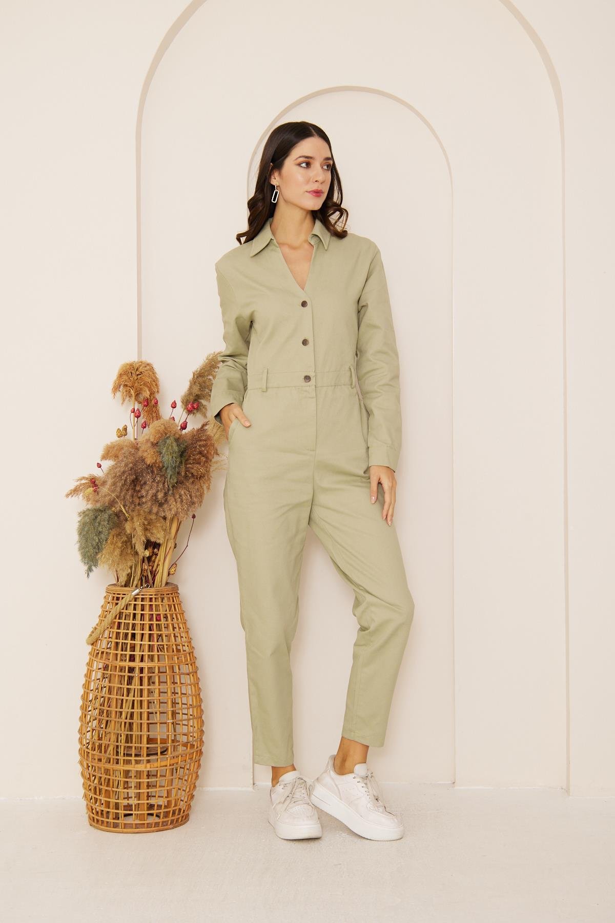 Yeşil Cepli Gabardin Tulum DM4004
