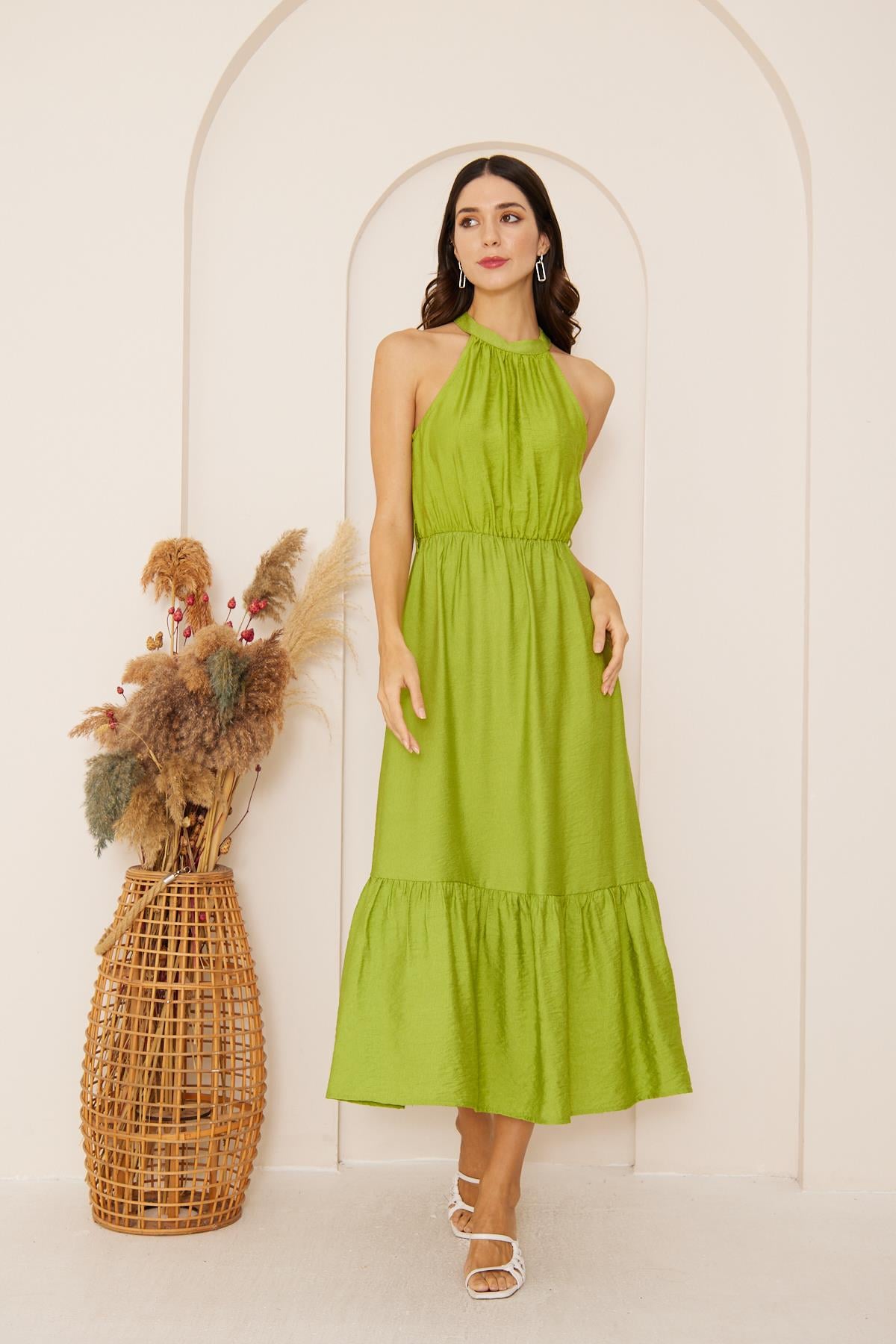Yeşil Halter Yaka Midi Elbise DM1035