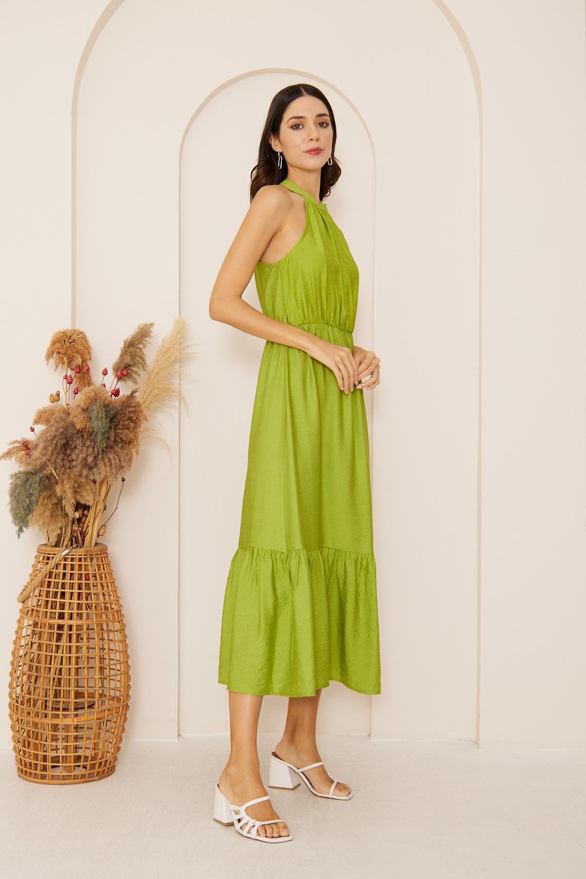 Yeşil Halter Yaka Midi Elbise DM1035