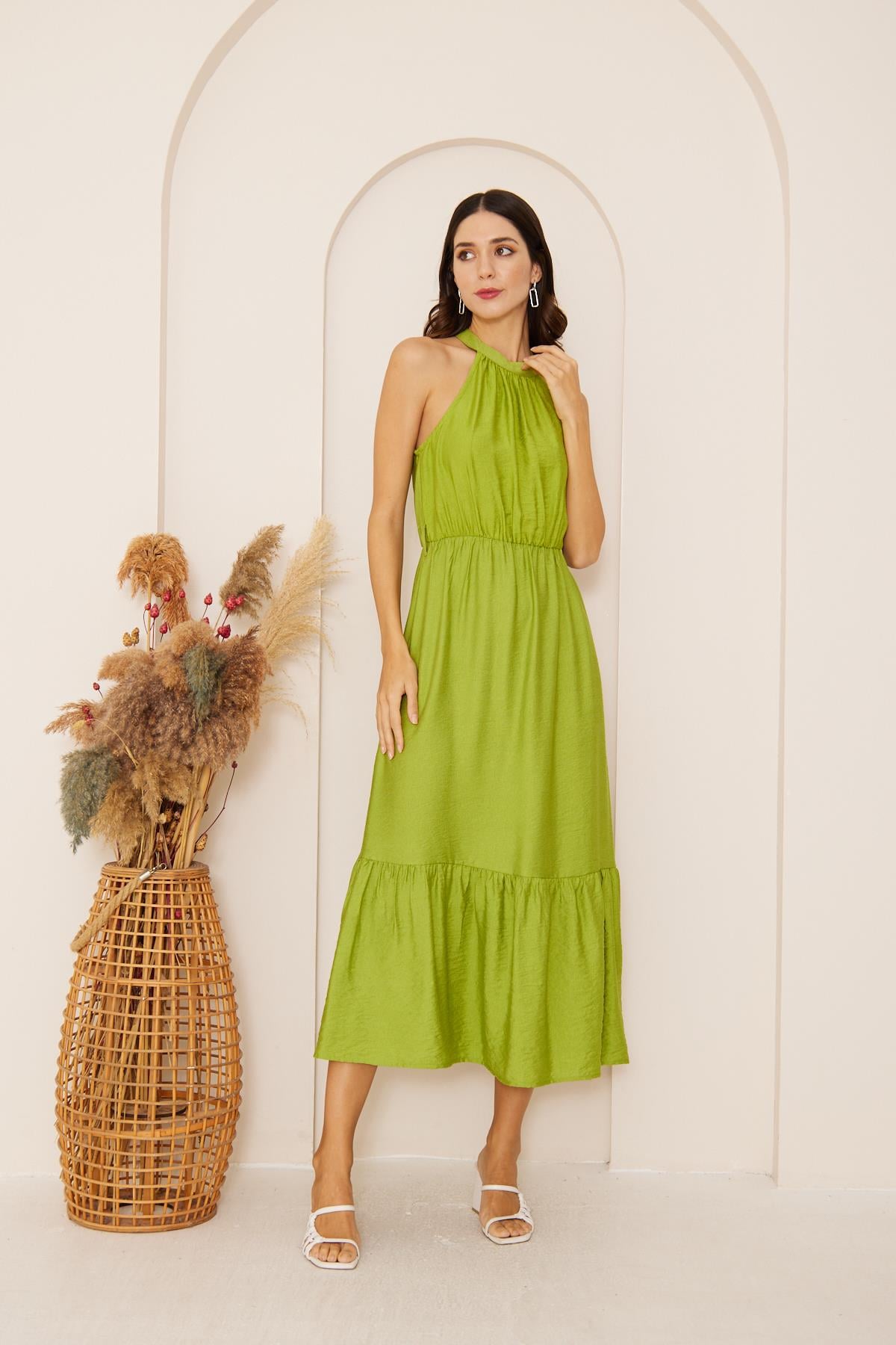 Yeşil Halter Yaka Midi Elbise DM1035