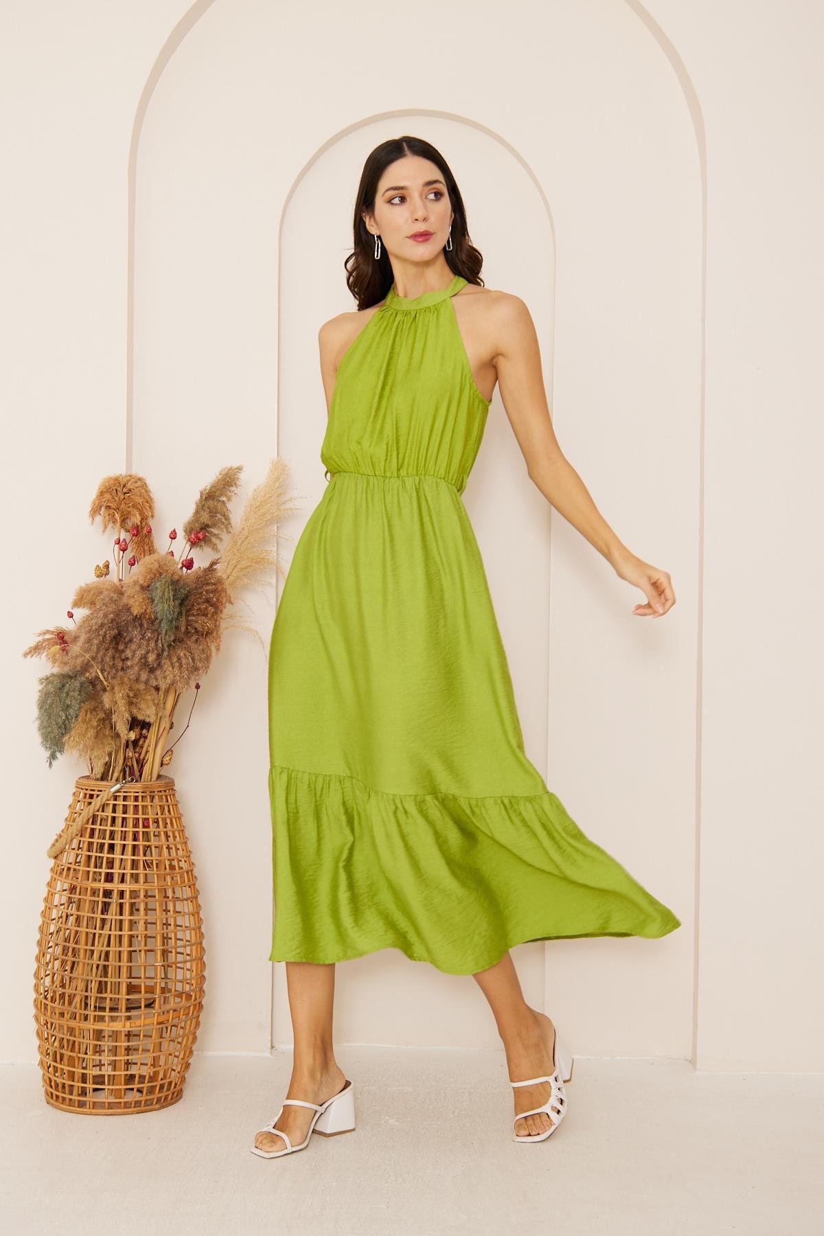 Yeşil Halter Yaka Midi Elbise DM1035