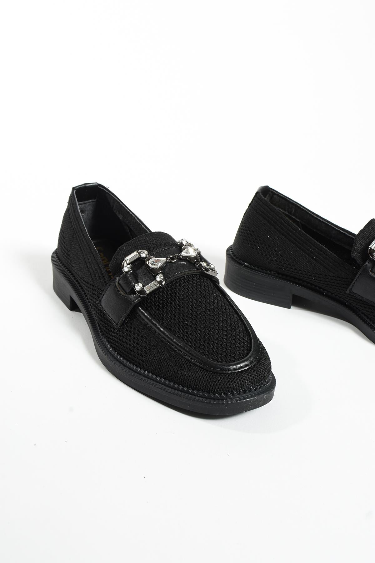 Alaina Siyah Taşli Toka Detay Triko Kadin Loafer Ayakkabi