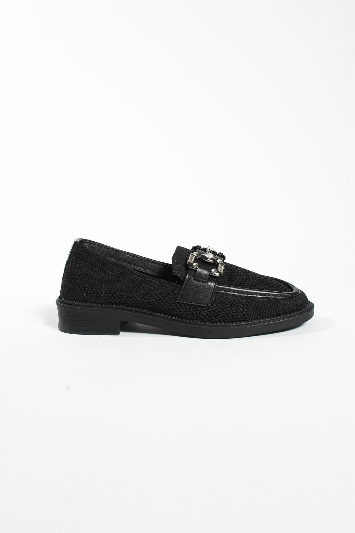 Alaina Siyah Taşli Toka Detay Triko Kadin Loafer Ayakkabi