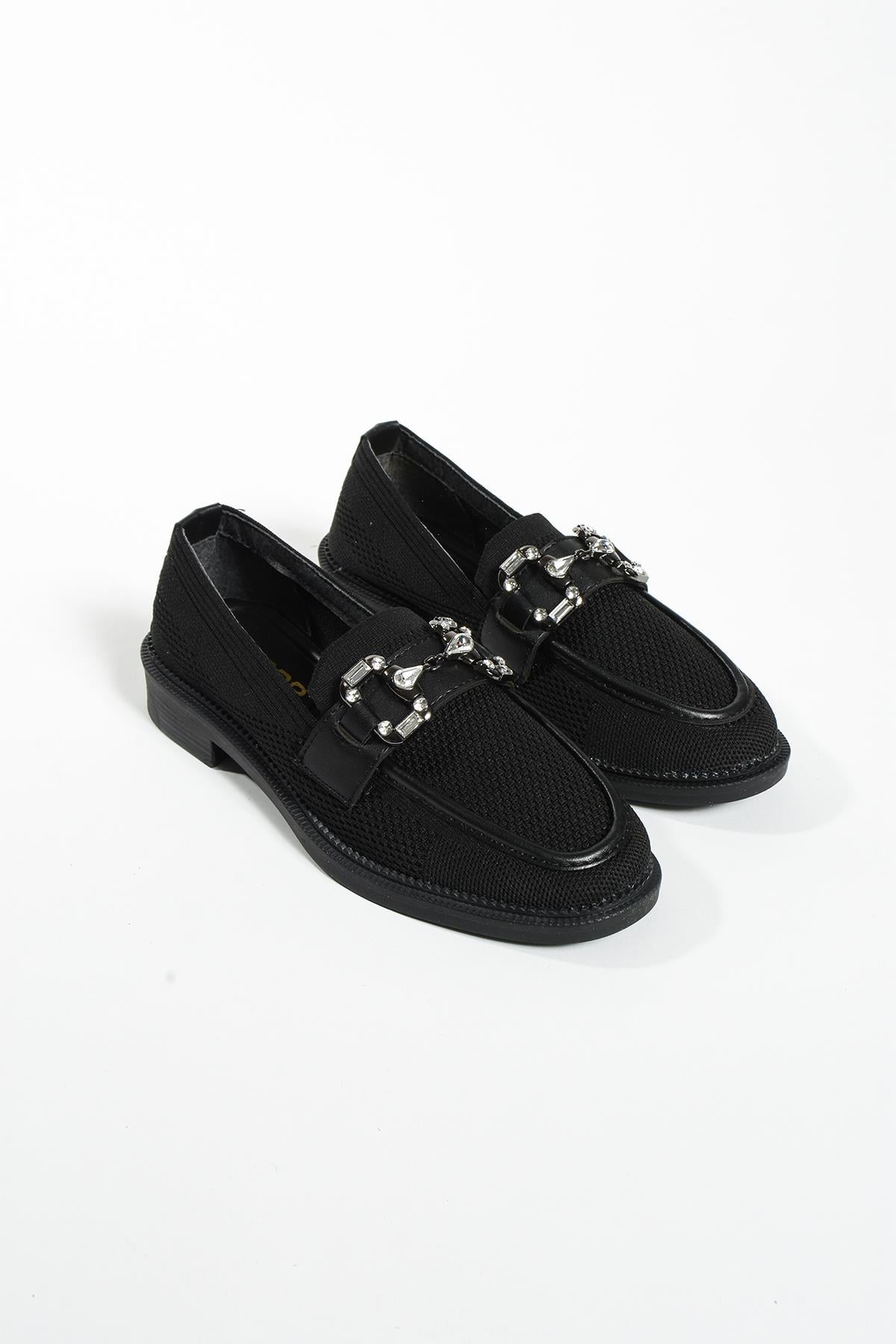 Alaina Siyah Taşli Toka Detay Triko Kadin Loafer Ayakkabi