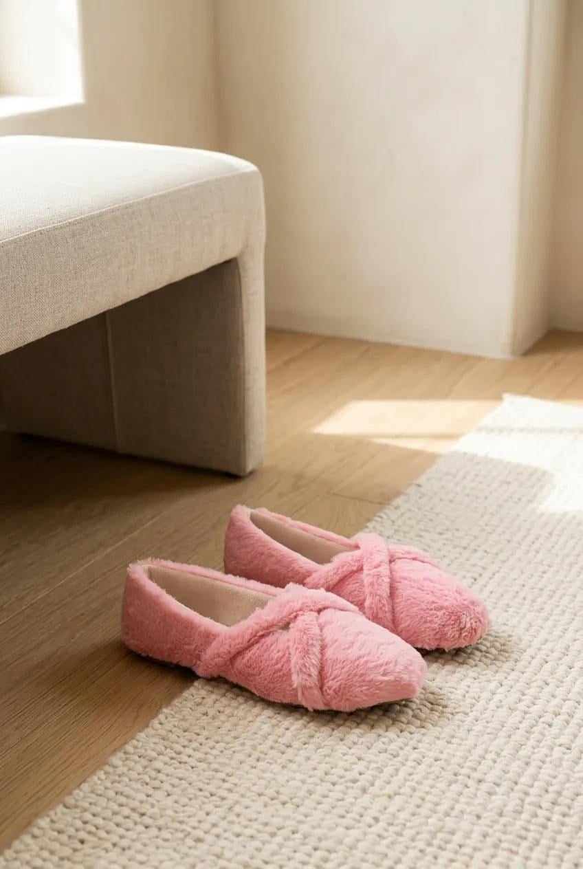 Beau Pembe Peluş Çapraz Detay Kadın Ev Babet