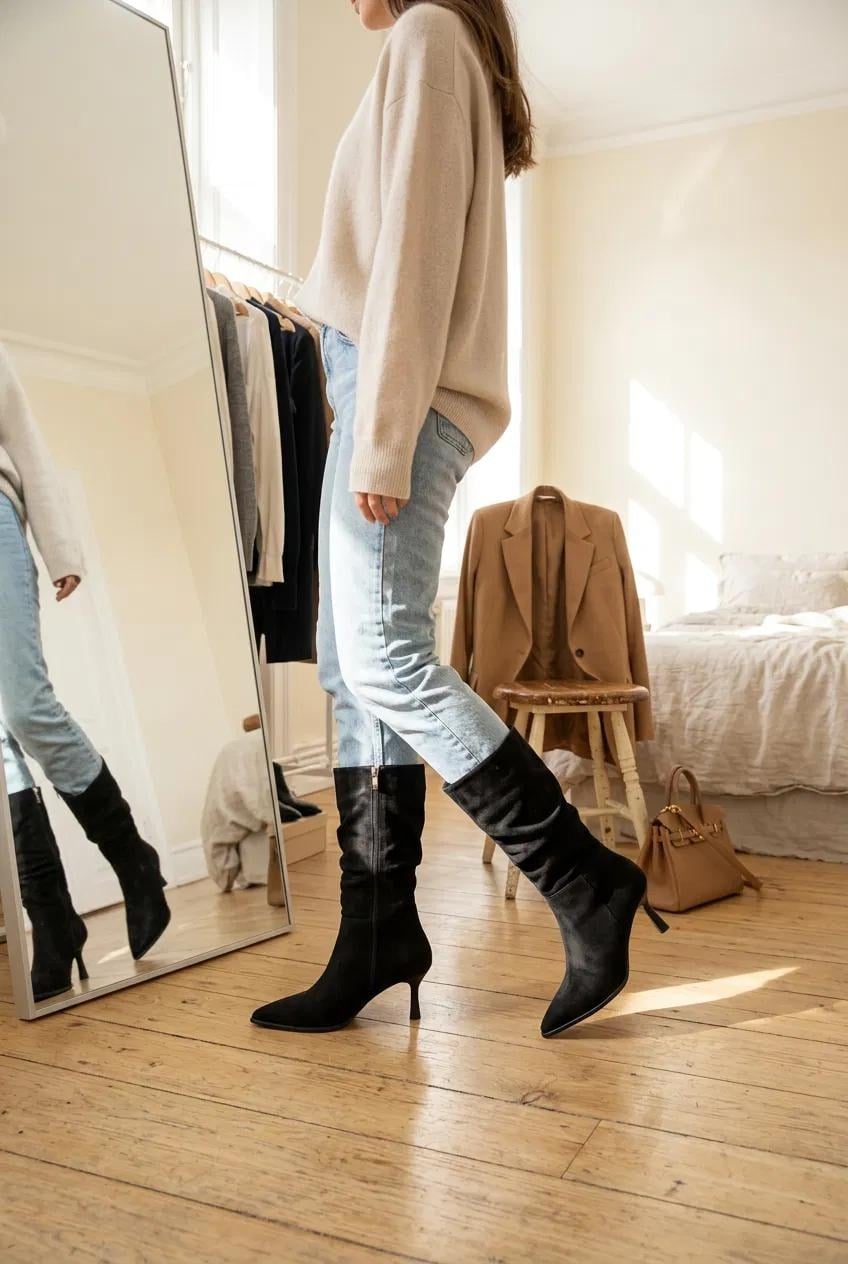 Brioni Siyah Süet Körük Detay Fermuarlı Kadın Topuklu Çizme