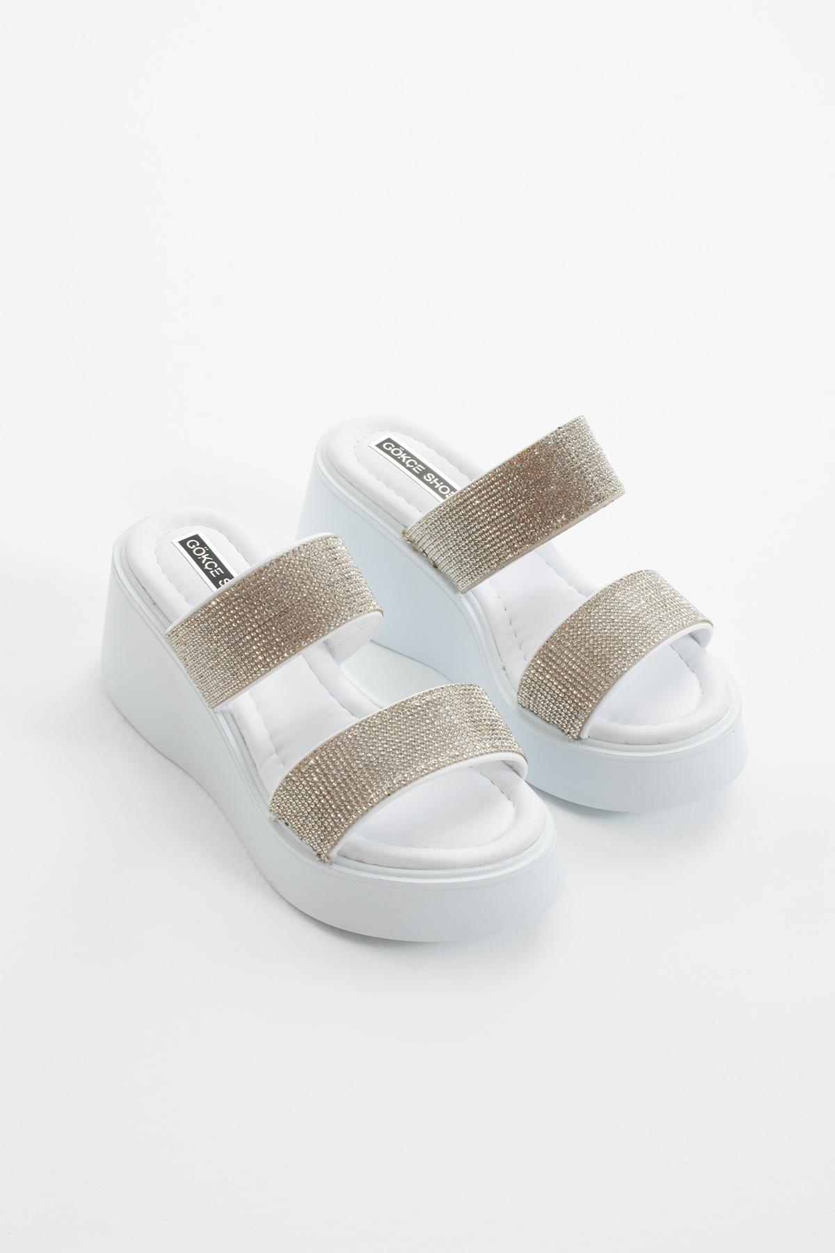 Fermanda Beyaz Dolgu Topuk Taş Şerit Detay Kadın Terlik