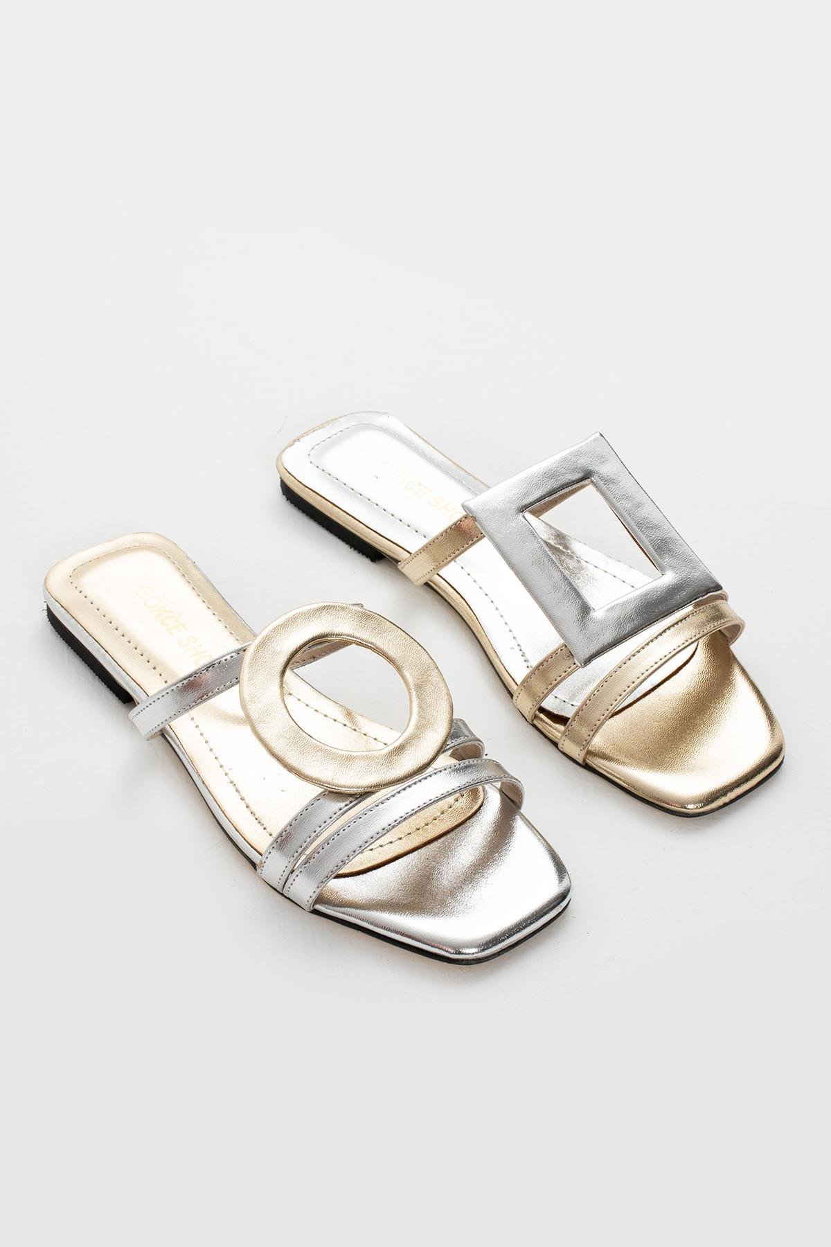 Jania Gümüş-Gold Oval Kare Toka Detay Kadın terlik