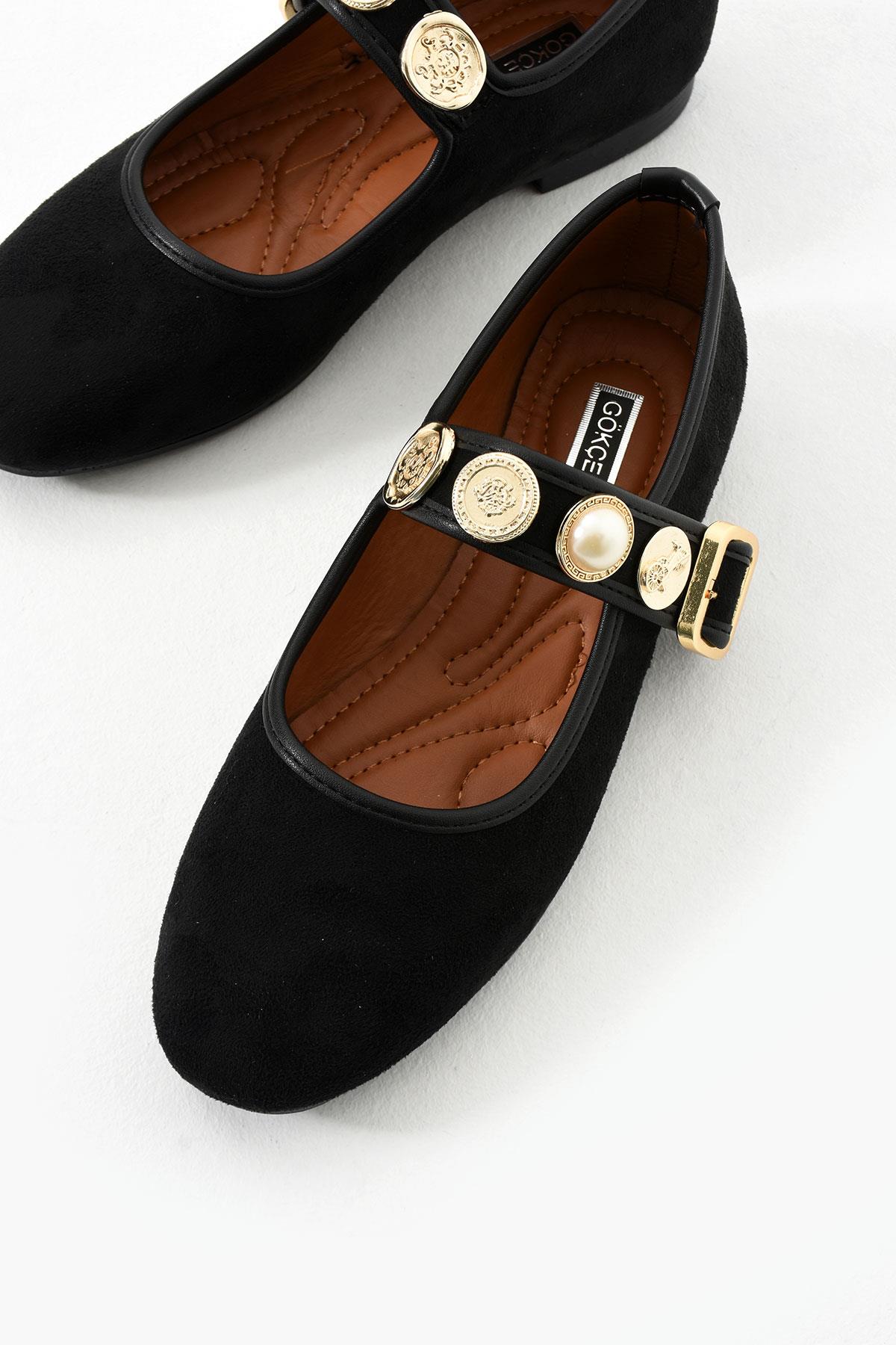 Neza Siyah Nubuk Aksesuar Detay Kemerli Kadın Babet Ayakkabı