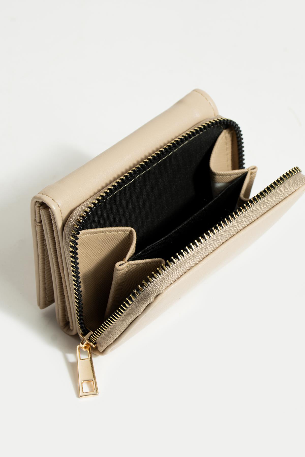 Sue Koyu Krem Kartlık Bölmeli Fermuarlı Cüzdan