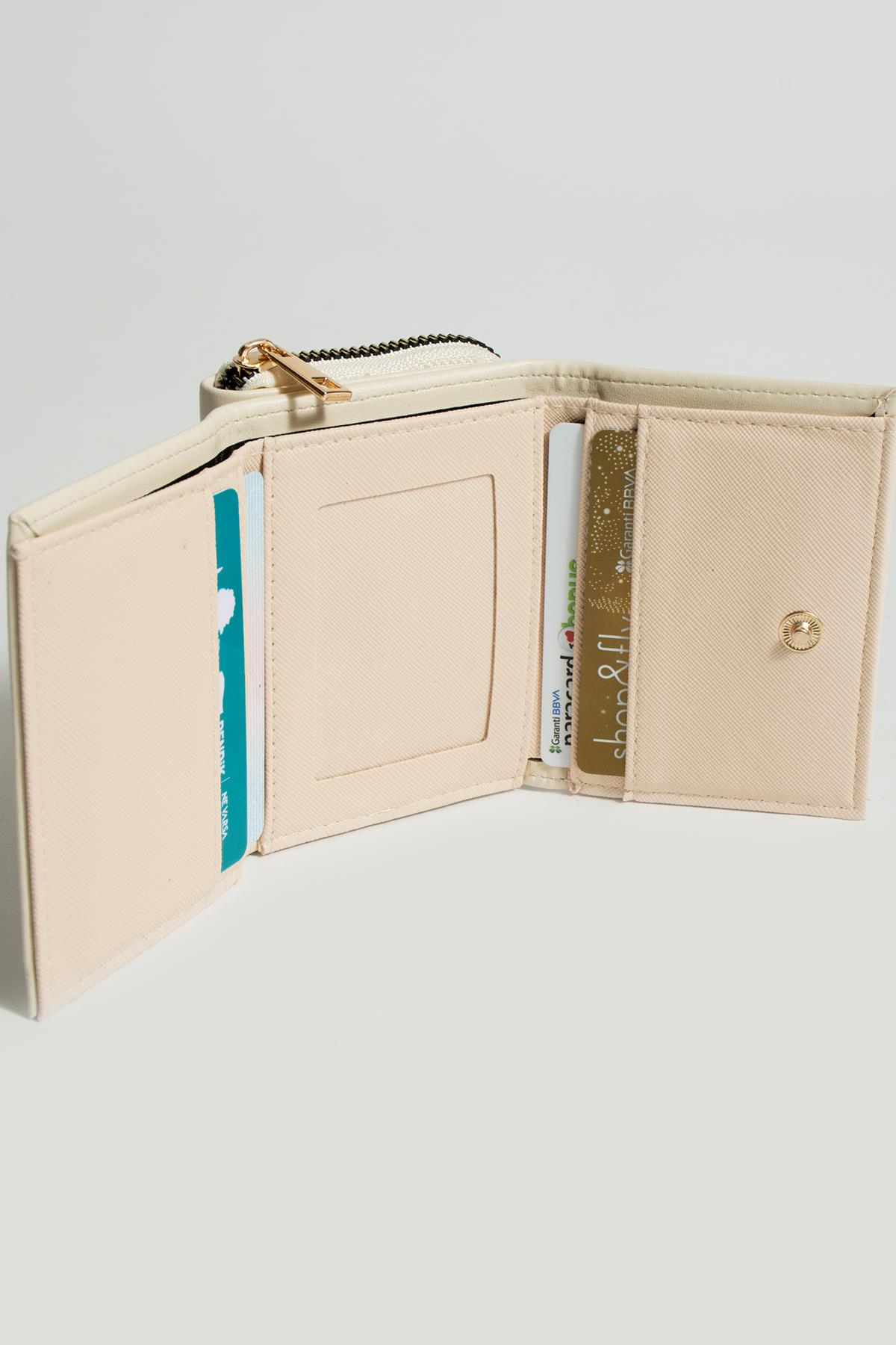 Sue Krem Kartlık Bölmeli Fermuarlı Cüzdan