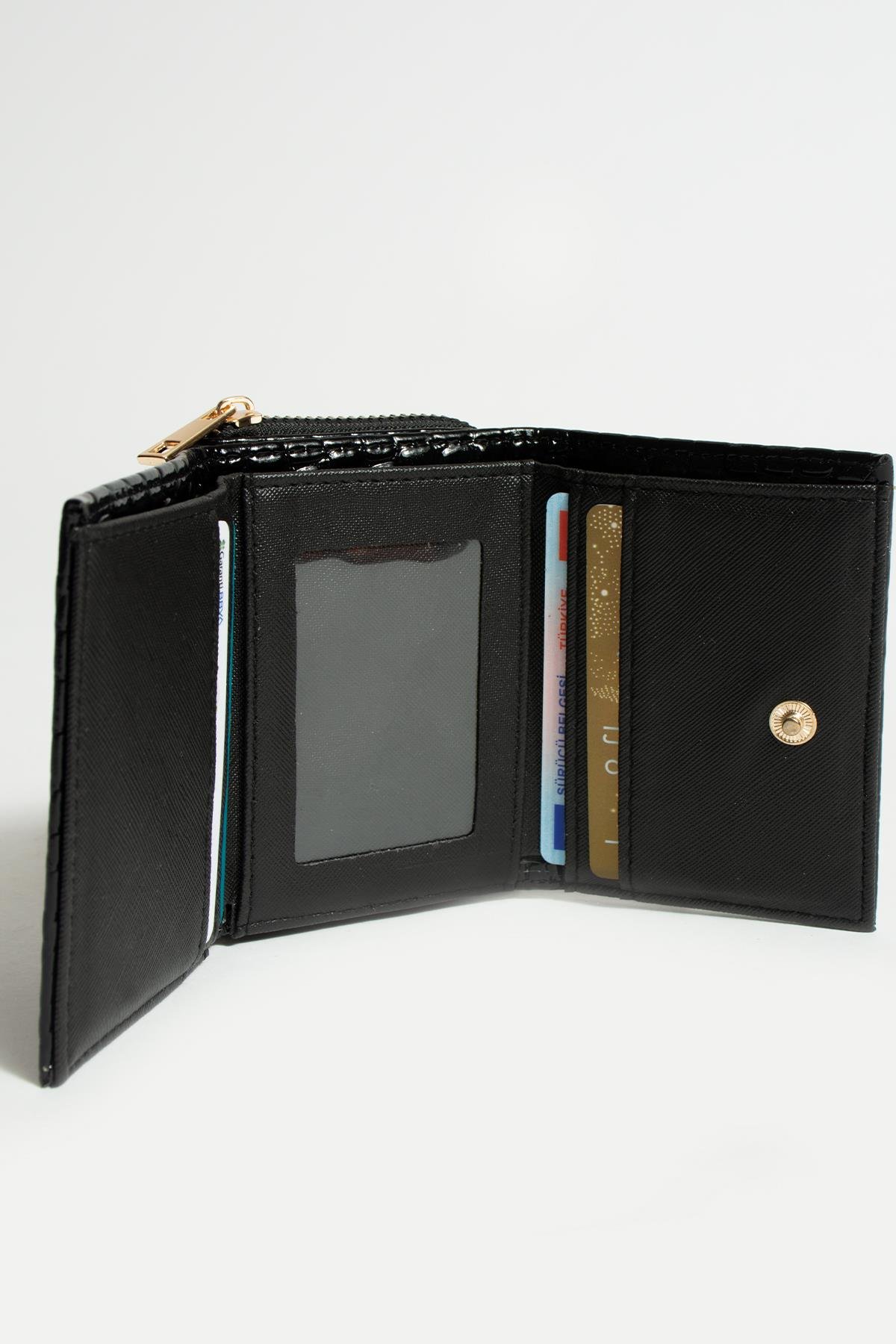 Sue Siyah Rugan Kartlık Bölmeli Fermuarlı Cüzdan