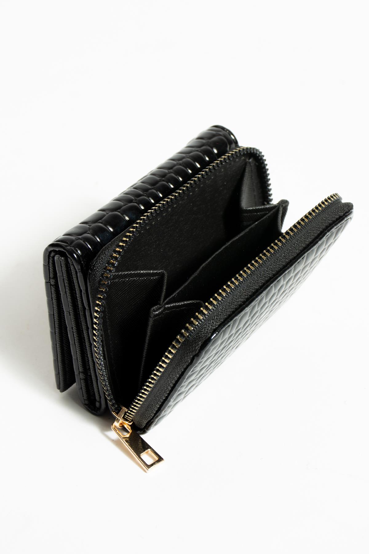 Sue Siyah Rugan Kartlık Bölmeli Fermuarlı Cüzdan
