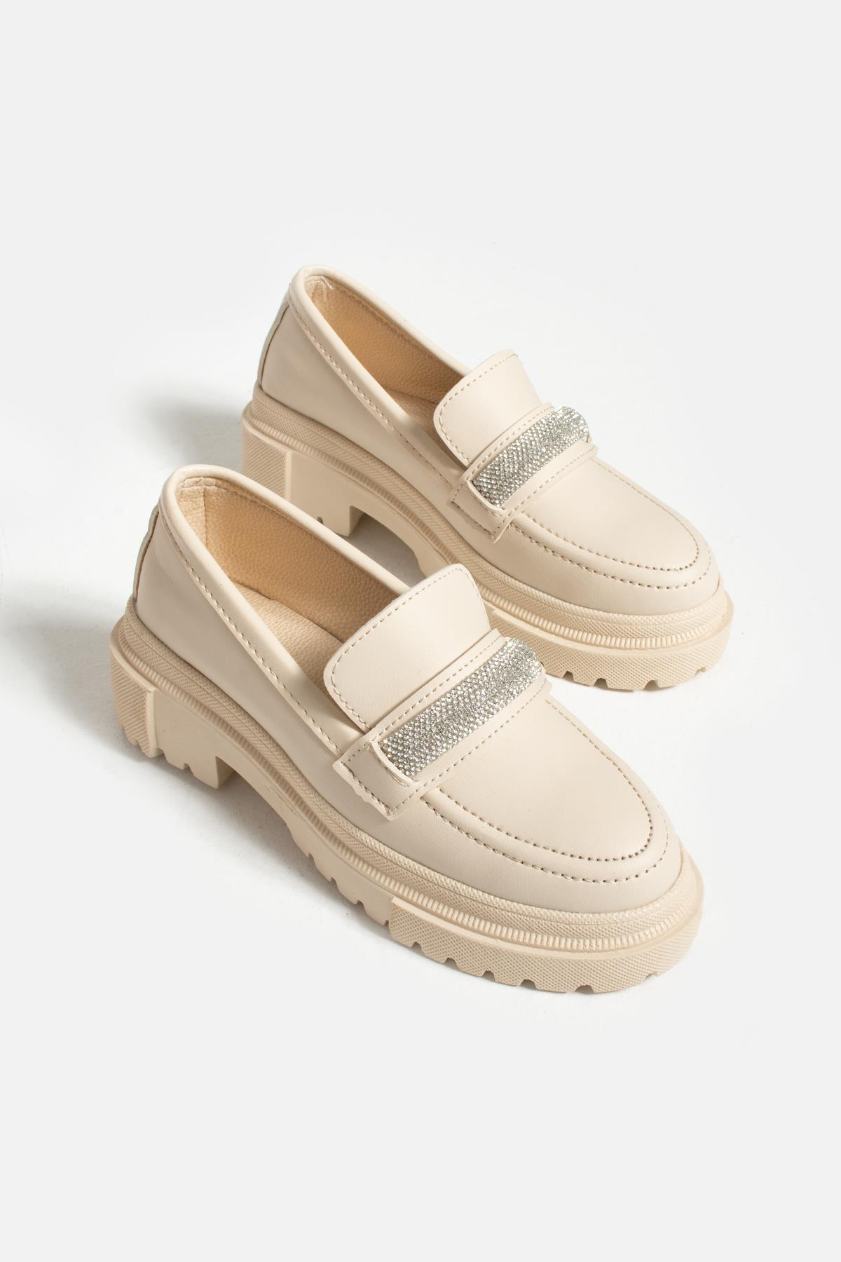 Tanyuha Krem Taşli Kalin Taban Kadin Loafer