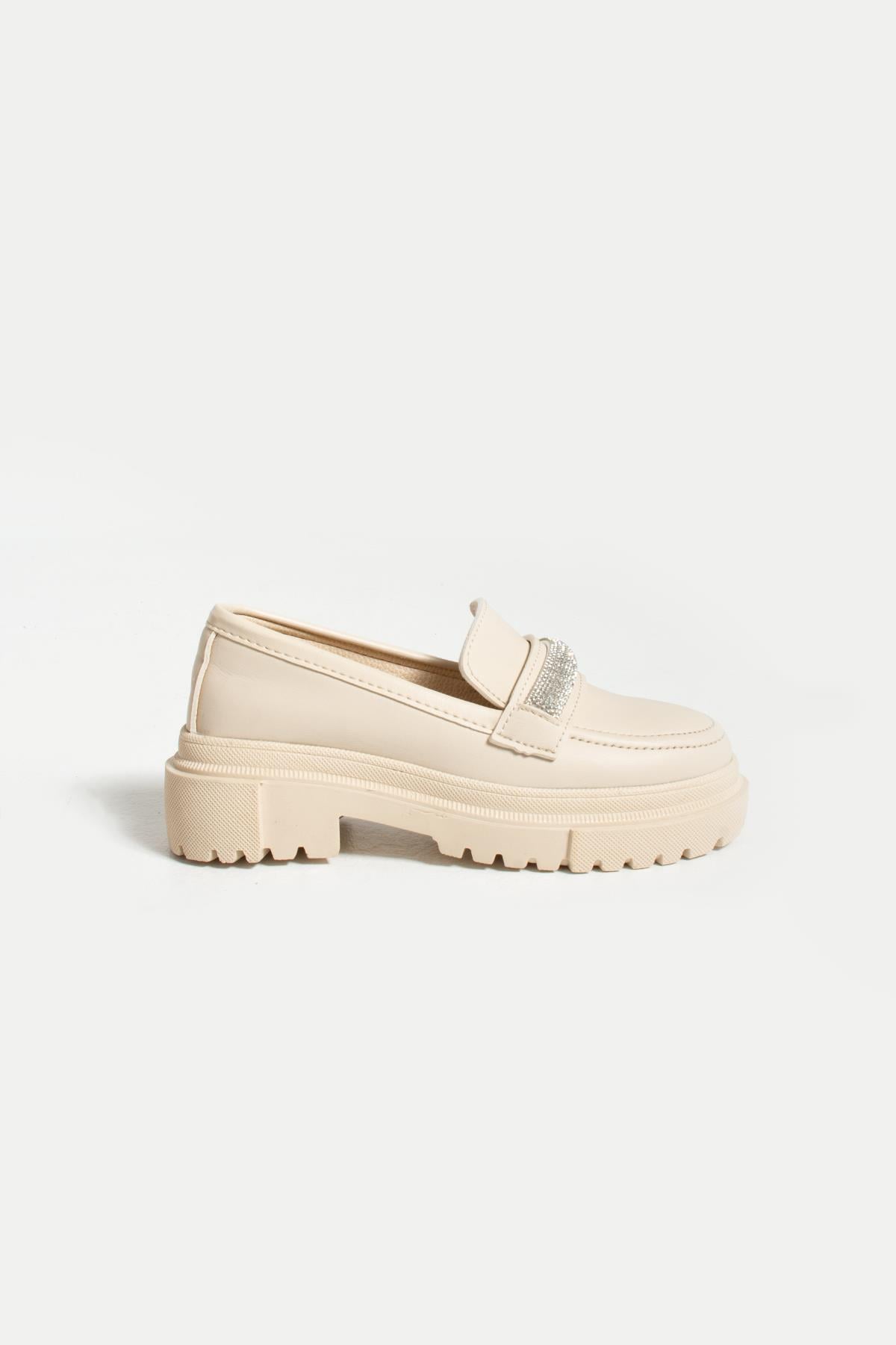 Tanyuha Krem Taşli Kalin Taban Kadin Loafer