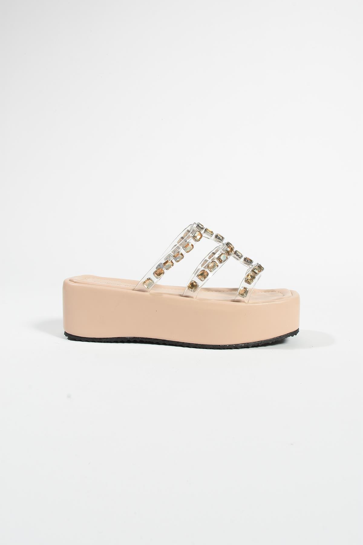 Valentin Krem Şeffaf Taş Detay Kadın Terlik